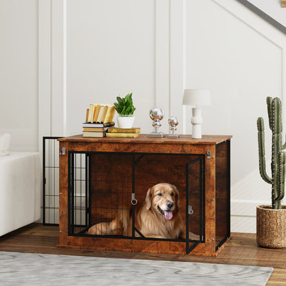 PawHut 39" Dog Crate Furniture w/ Flip-up Top Opening, 2 Doors, Dog Kennel Furniture for Large Dogs, Rustic Brown