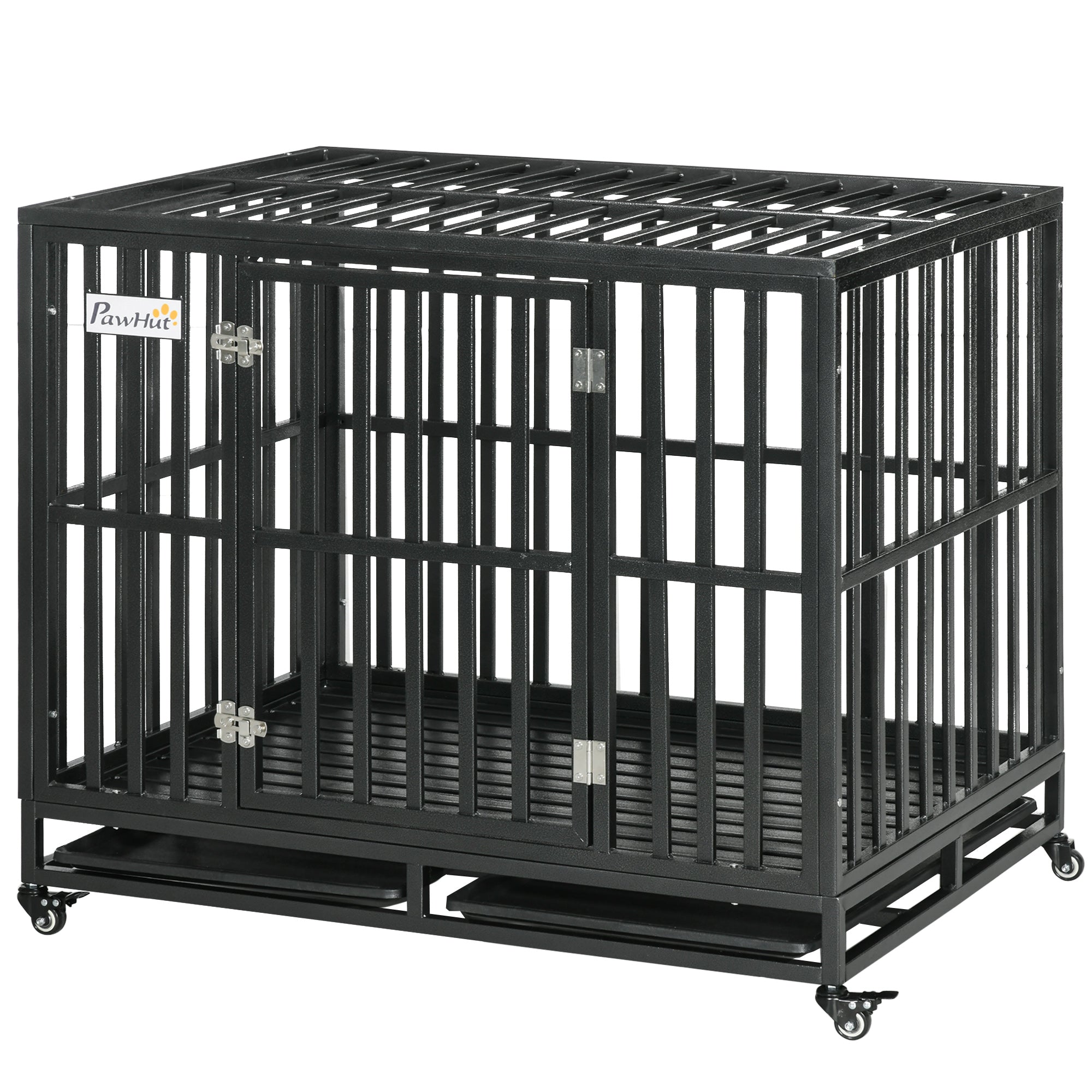 PawHut 45" Heavy Duty Steel Dog Crate Kennel Pet Cage with Wheels for Convenient Access Anti-Pinching Floor, Black