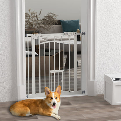 PawHut Auto-Close Pet Gate, Stair Gate with Cat Door, Double Locking for Doorways Hallways Stairs, Fits 29"-31.5" Wide, White