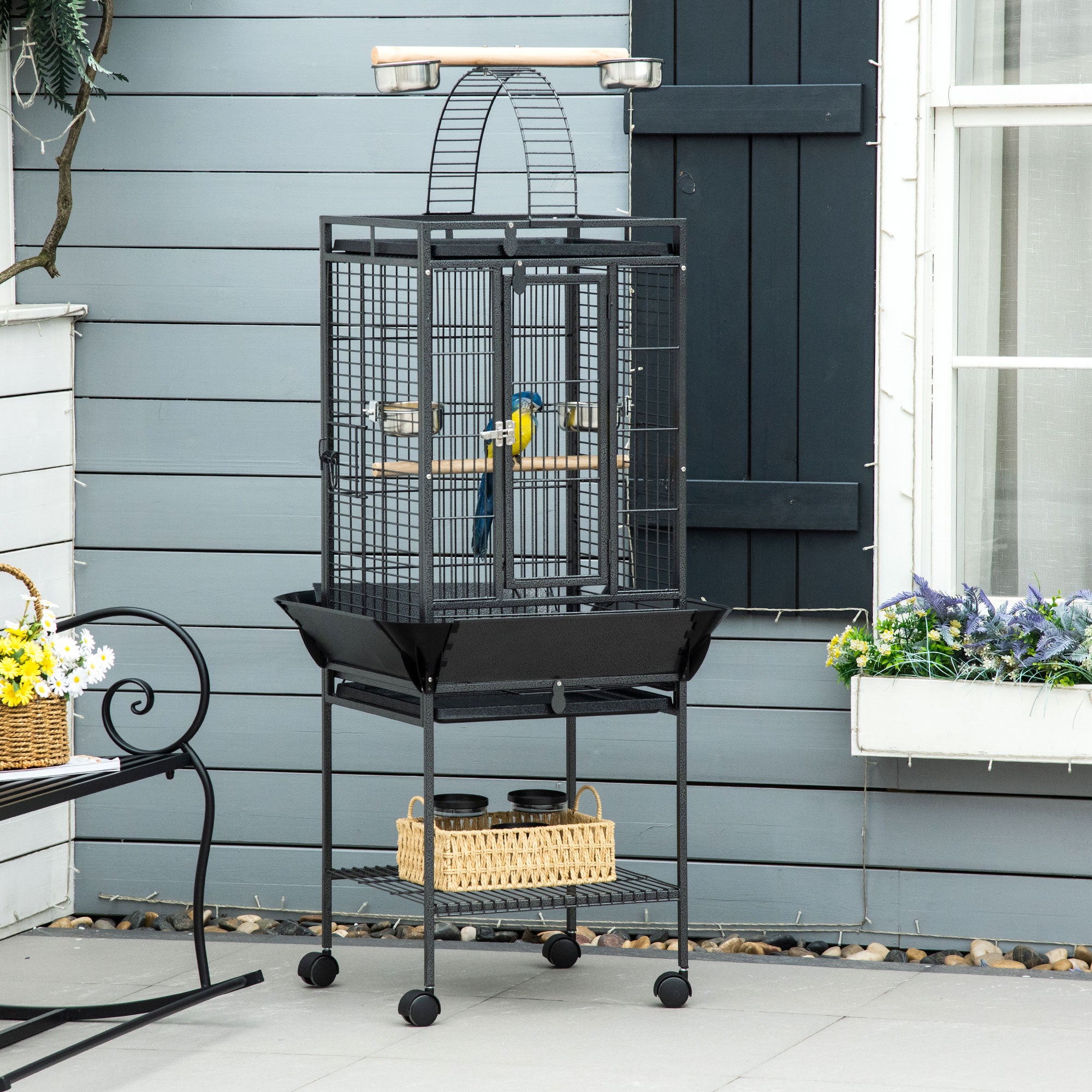 PawHut 61.5 Inch Bird Cage Parakeet House for Cockatiel with Stand, Pull Out Tray, Play Top, Storage Shelf, Wood Perch, Food Container