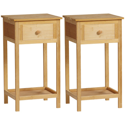 HOMCOM Bamboo Side Table with Drawer and Storage Shelf, Slim End Table Nightstand for Small Spaces, Natural