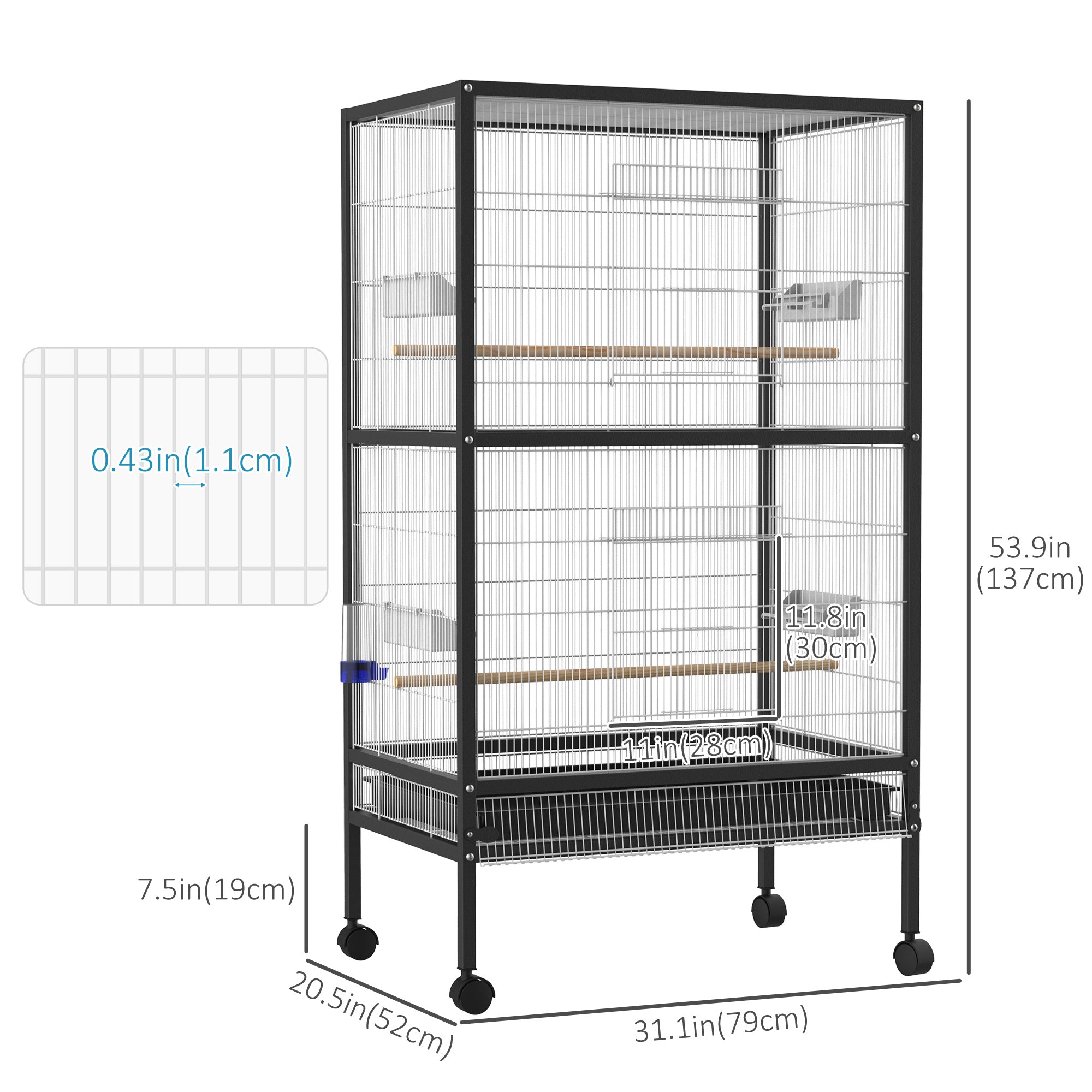 PawHut Bird Cage Conure Parrot Budgie Cage with Bird Perch & Wheels, Black and White