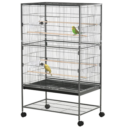 PawHut 52'' Large Rolling Steel Bird Cage Bird House with Rolling Stand, Storage Shelf, Wood Perch, Food Container, Dark Grey