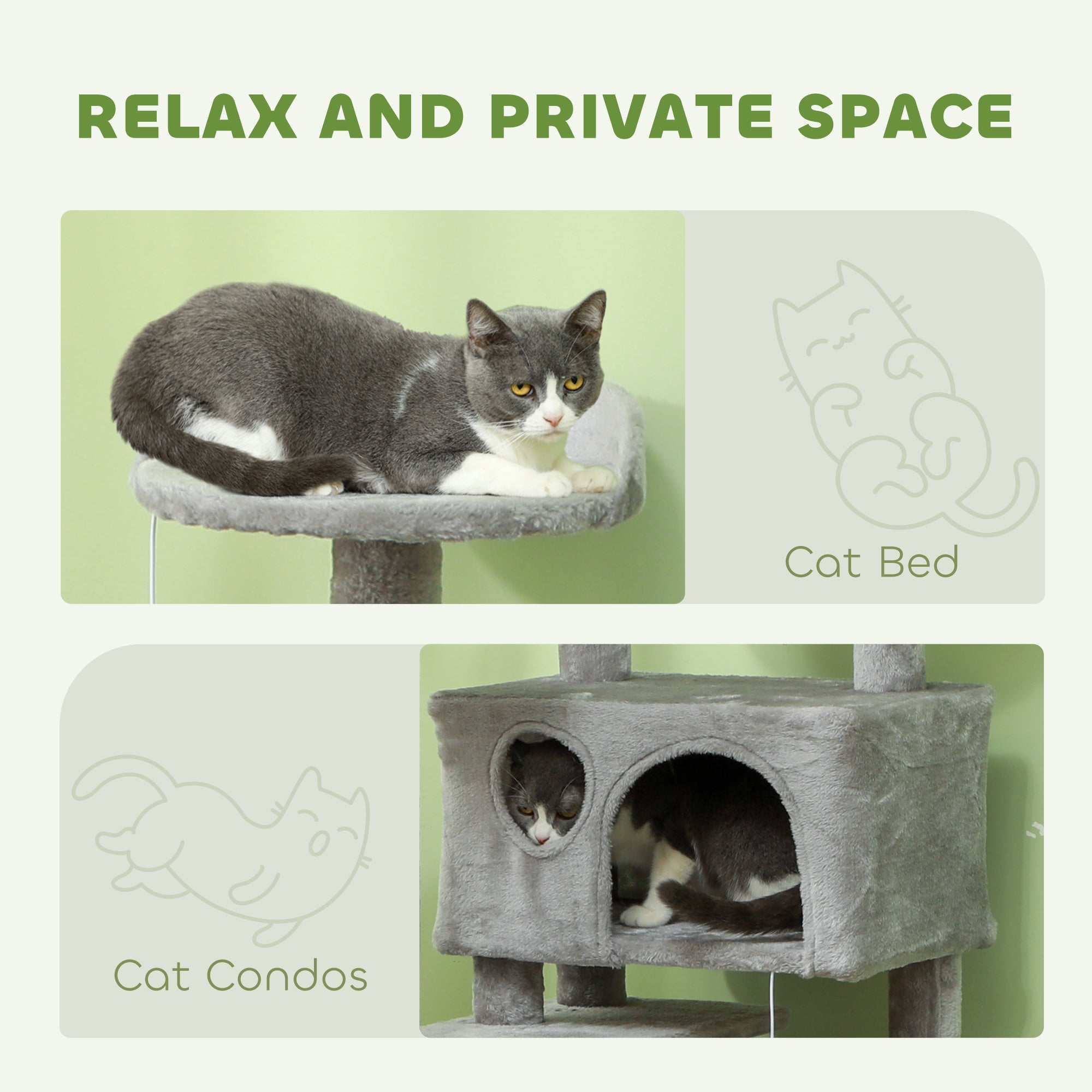 PawHut 54" Cat Tree, Multi-Level Cat Tower with Scratching Posts, Cat Condos, Bed, Platforms, Ramp, Toy Ball, Light Grey