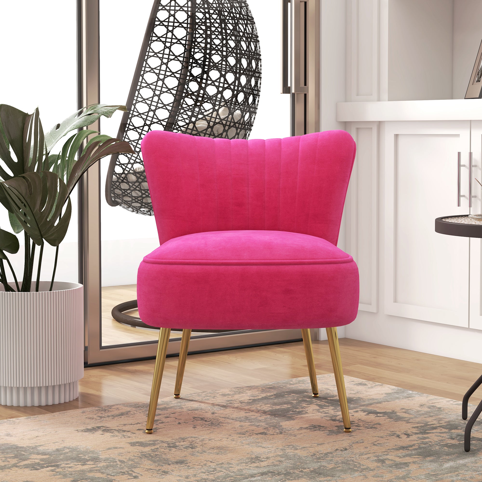 HOMCOM Velvet Lounge Chair, Modern Accent Chair for Living Room with Gold Steel Legs and Tufting Backrest, Pink