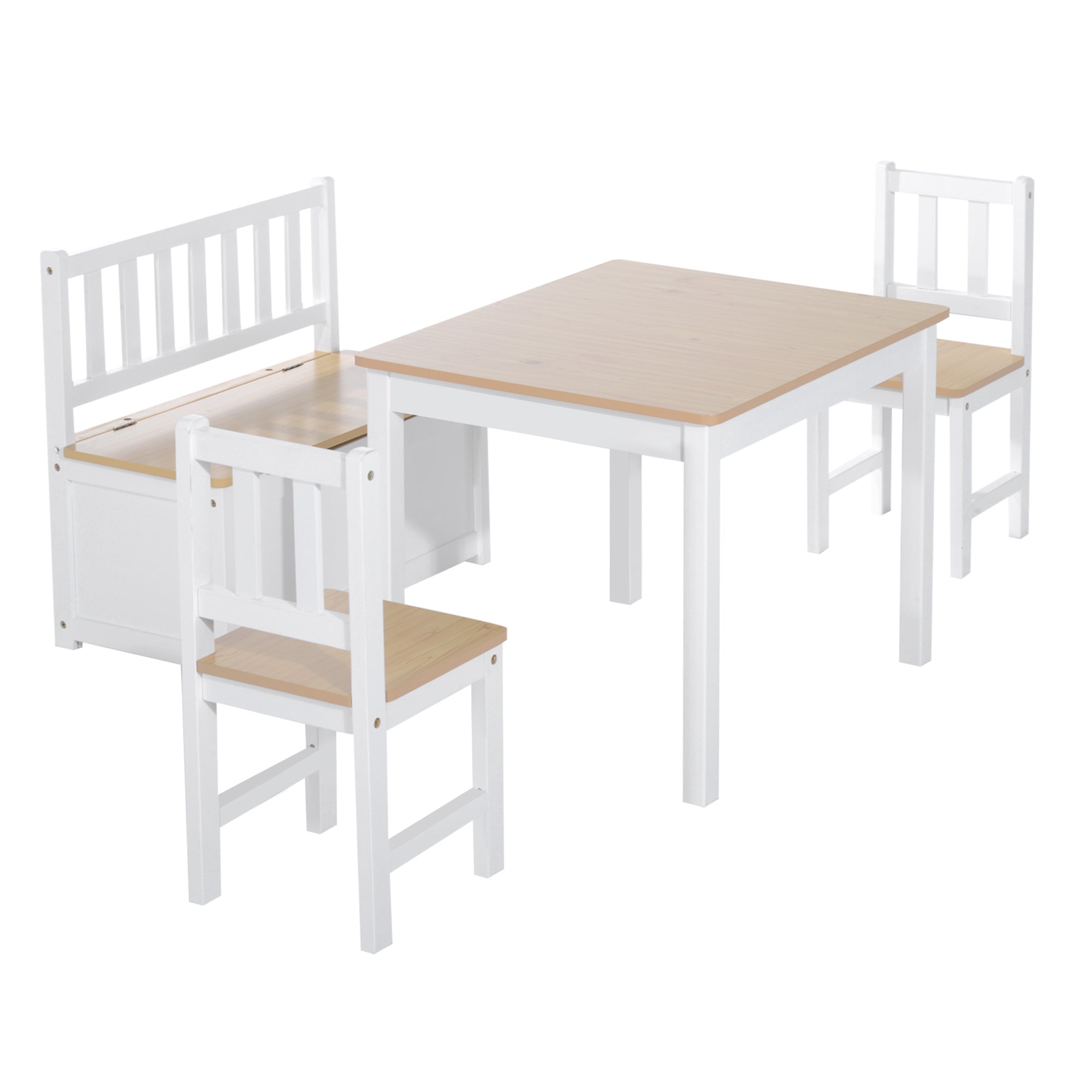 Qaba 4-Piece Set Kids Wood Table Chair Bench with Storage Function Easy to Clean Gift for Girls Boys Toddlers Age 3 Years up Natural and White