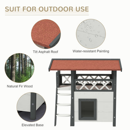 PawHut Wooden 2-Story Shelter for Feral Cats with Asphalt Roof, Stairs, Balcony, 30" x 20" x 29", White