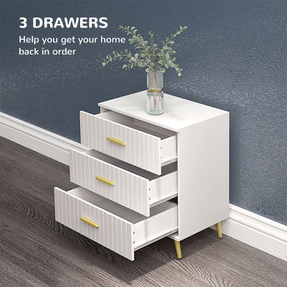 HOMCOM 3 Drawer Cabinet, Drawer Chest for Bedroom, Chest of Drawers with Aluminium Legs and Gold Handles, White