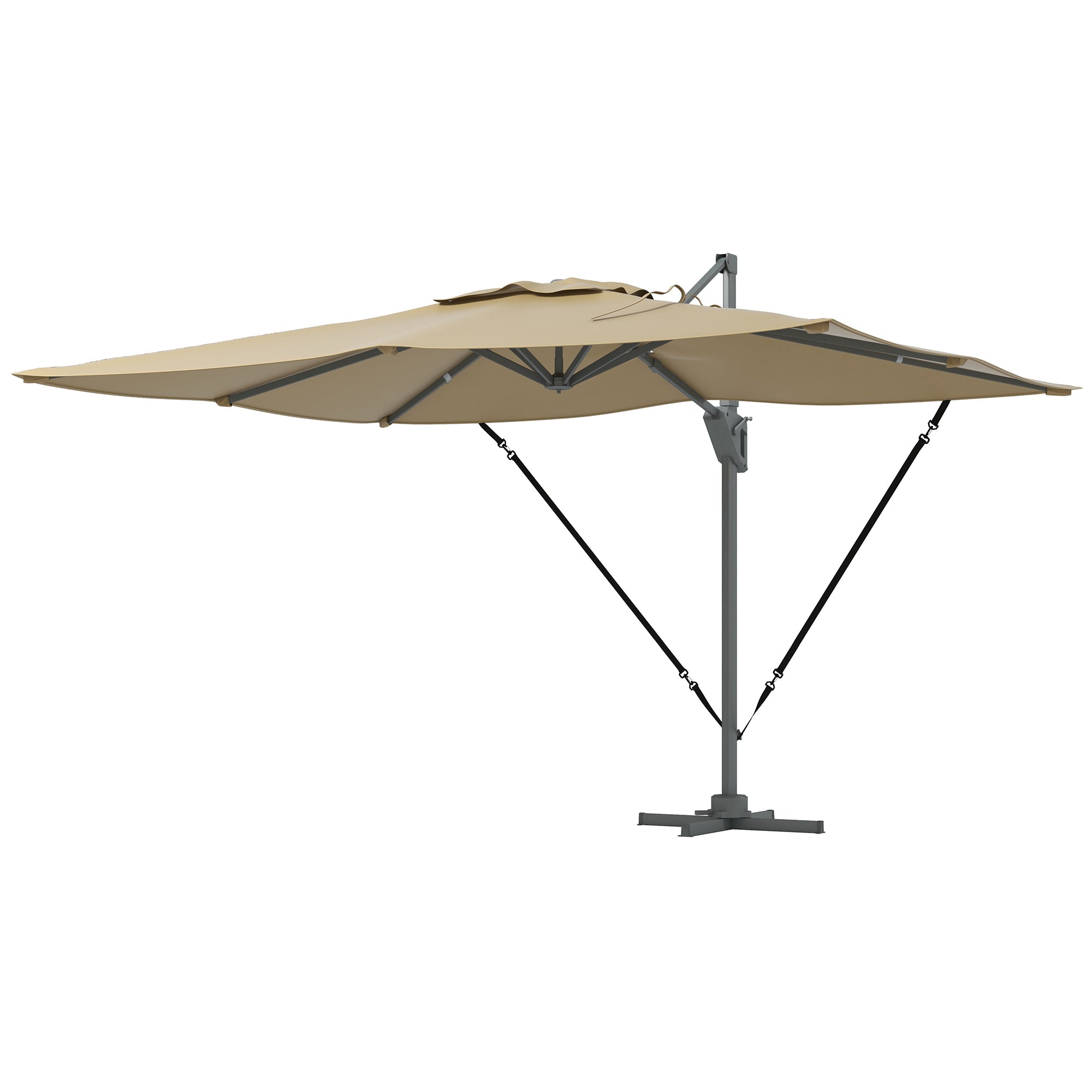 Outsunny 13 FT Cantilever Umbrella, Aluminum Hanging Offset Umbrella with 360°Rotation, Crank, Tilt, Cross Base, Khaki