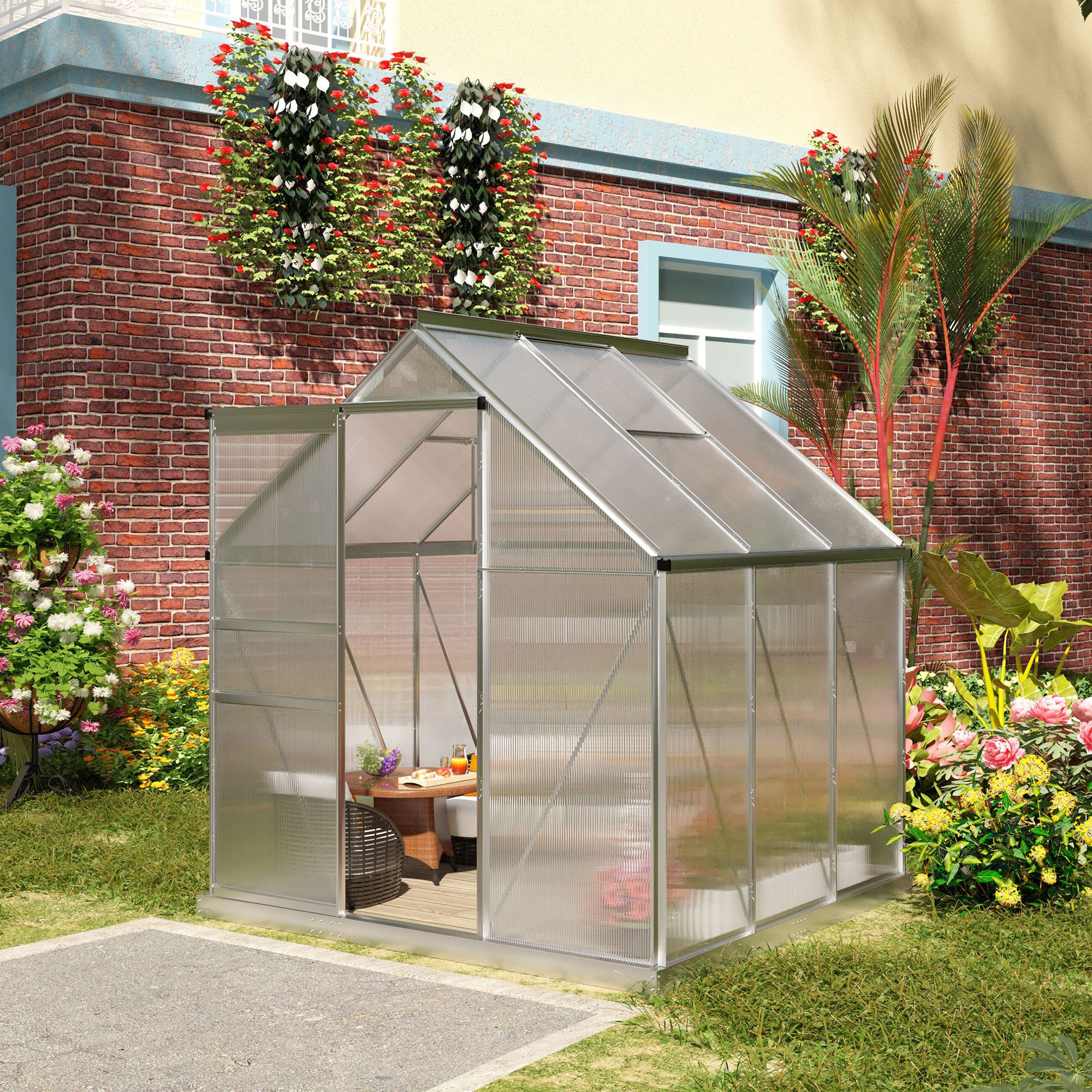 Outsunny 6' x 6' x 6.5' Polycarbonate Greenhouse, Walk-in Green House with Adjustable Roof Vent, Galvanized Base, Sliding Door and Rain Gutter for Outdoor, Garden, Backyard, Clear