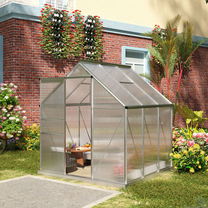 Outsunny 6' x 6' x 6.5' Polycarbonate Greenhouse, Walk-in Green House with Adjustable Roof Vent, Galvanized Base, Sliding Door and Rain Gutter for Outdoor, Garden, Backyard, Clear