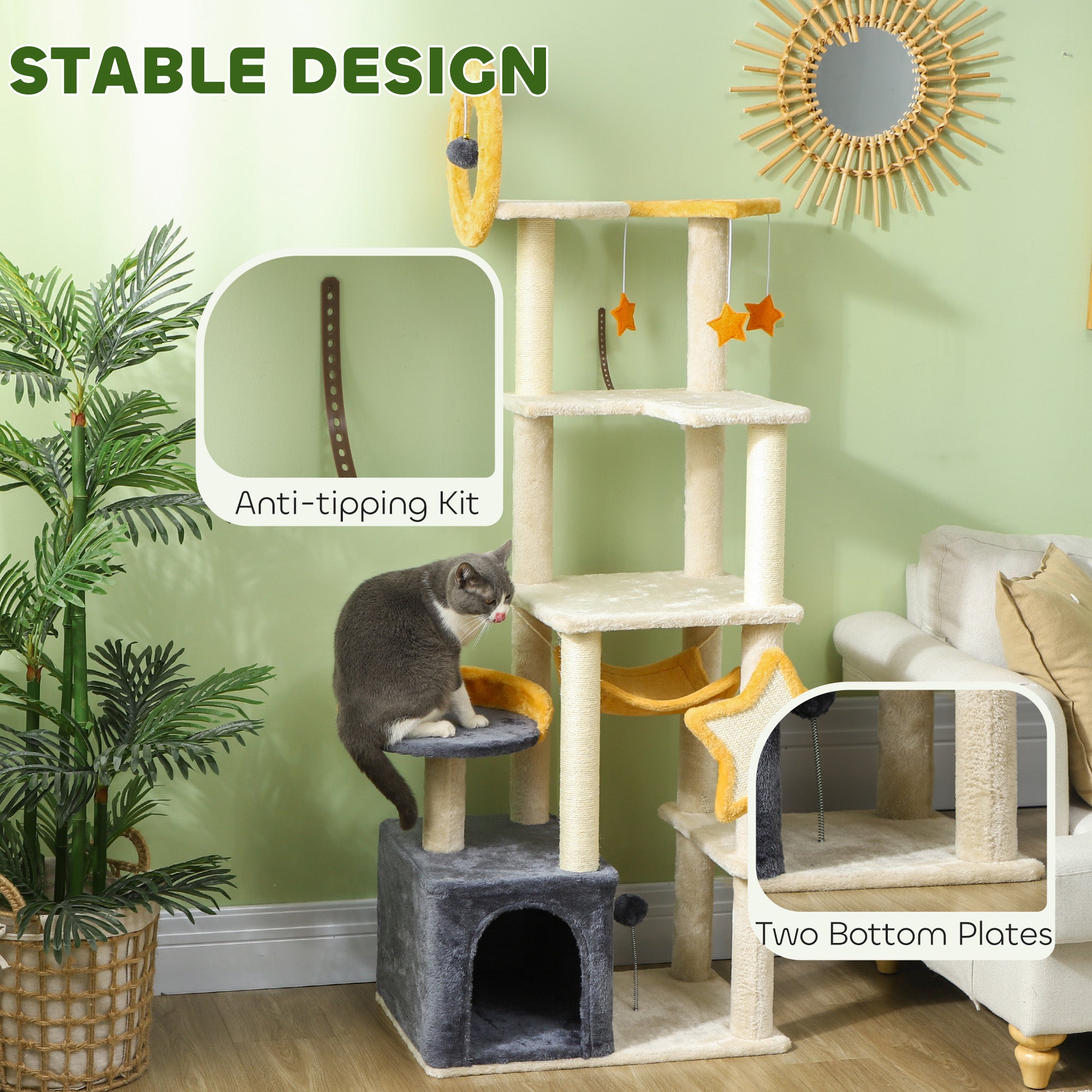 PawHut Star and Moon Themed Cat Tree with Cat Scratching Posts, Cat Condo, Bed, Scratching Board, Cat Toys, Beige
