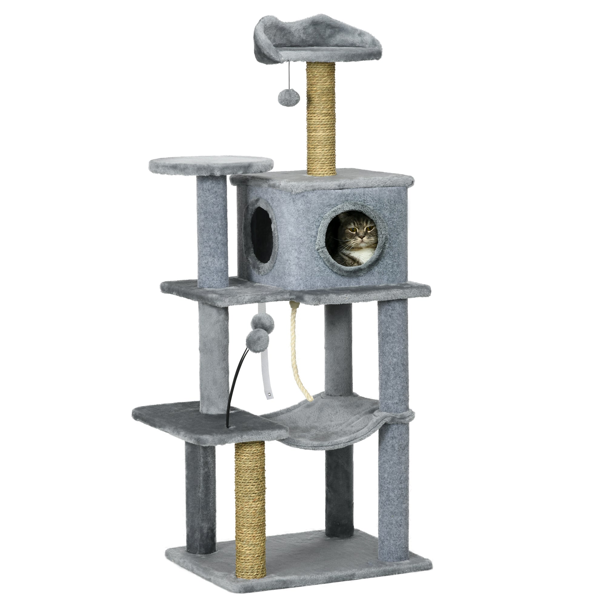 PawHut 54" Cat Tree for Larger Cats Adult with Hammock, Tal Cat Tree Tower with Scratching Post, Condo, Platforms, Play Balls for Indoor Cats, Grey