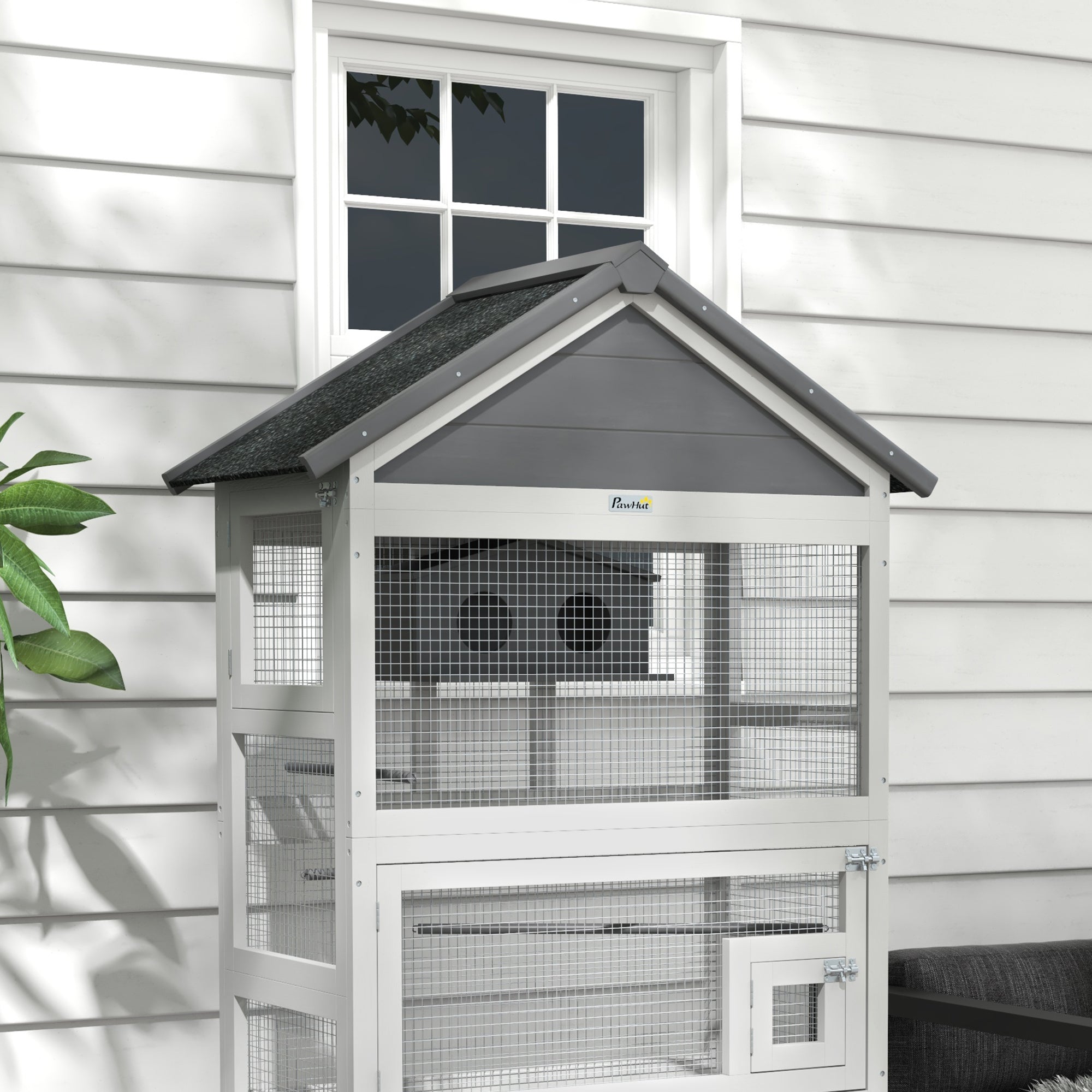 PawHut Wooden Bird Cage with Perches, Bird House, Ladder, Slide-Out Tray for Finches, Parakeets, Small Birds, Grey