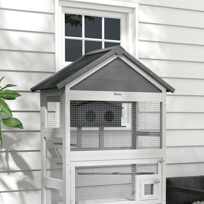 PawHut Wooden Bird Cage with Perches, Bird House, Ladder, Slide-Out Tray for Finches, Parakeets, Small Birds, Grey