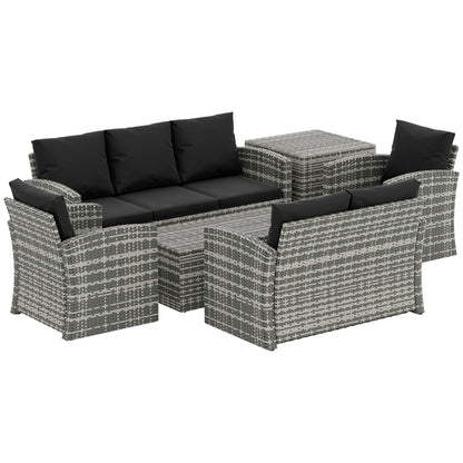 Outsunny 6 Pieces Wicker Patio Furniture Set with Cushions, 7-Seater Rattan Patio Sofa Set with Storage Coffee Table & Side Table, Sectional Outdoor Furniture Set, Black
