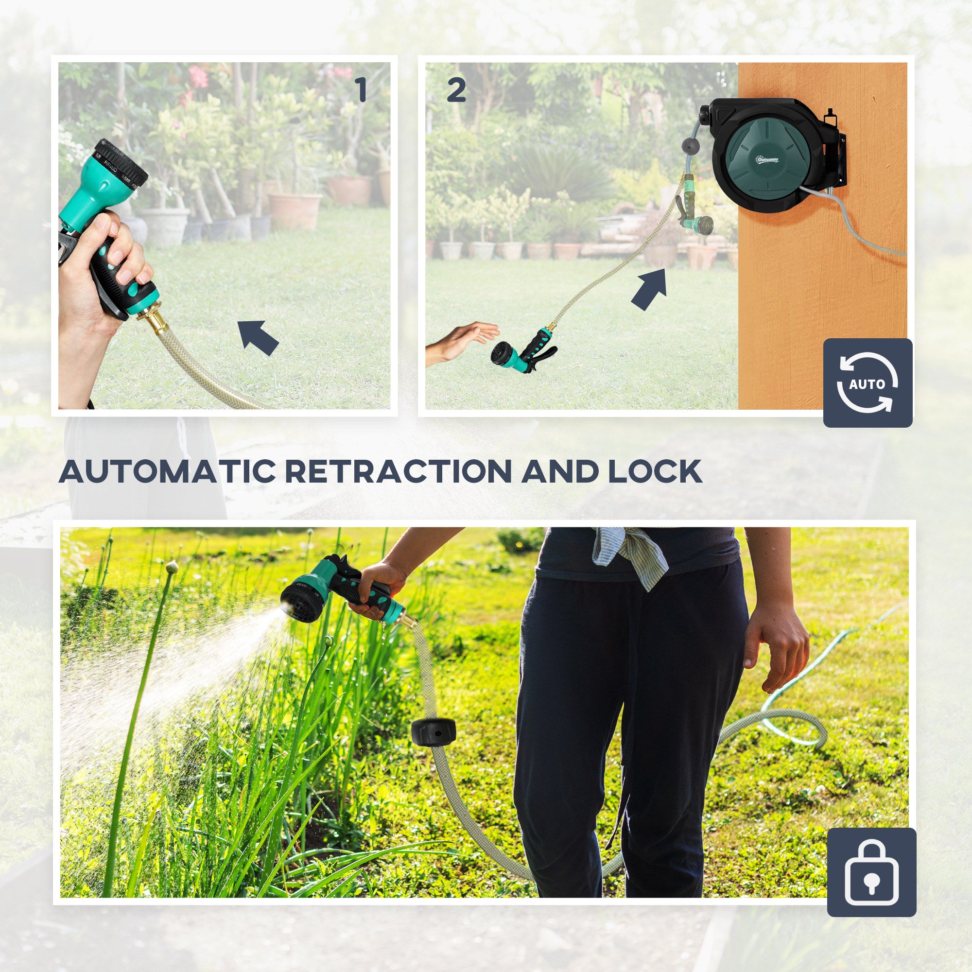 Outsunny 1/2 in x 100ft Wall Mounted Garden Hose Reel, Retractable Water Hose Reel with Auto Rewind, Any Length Lock, Black
