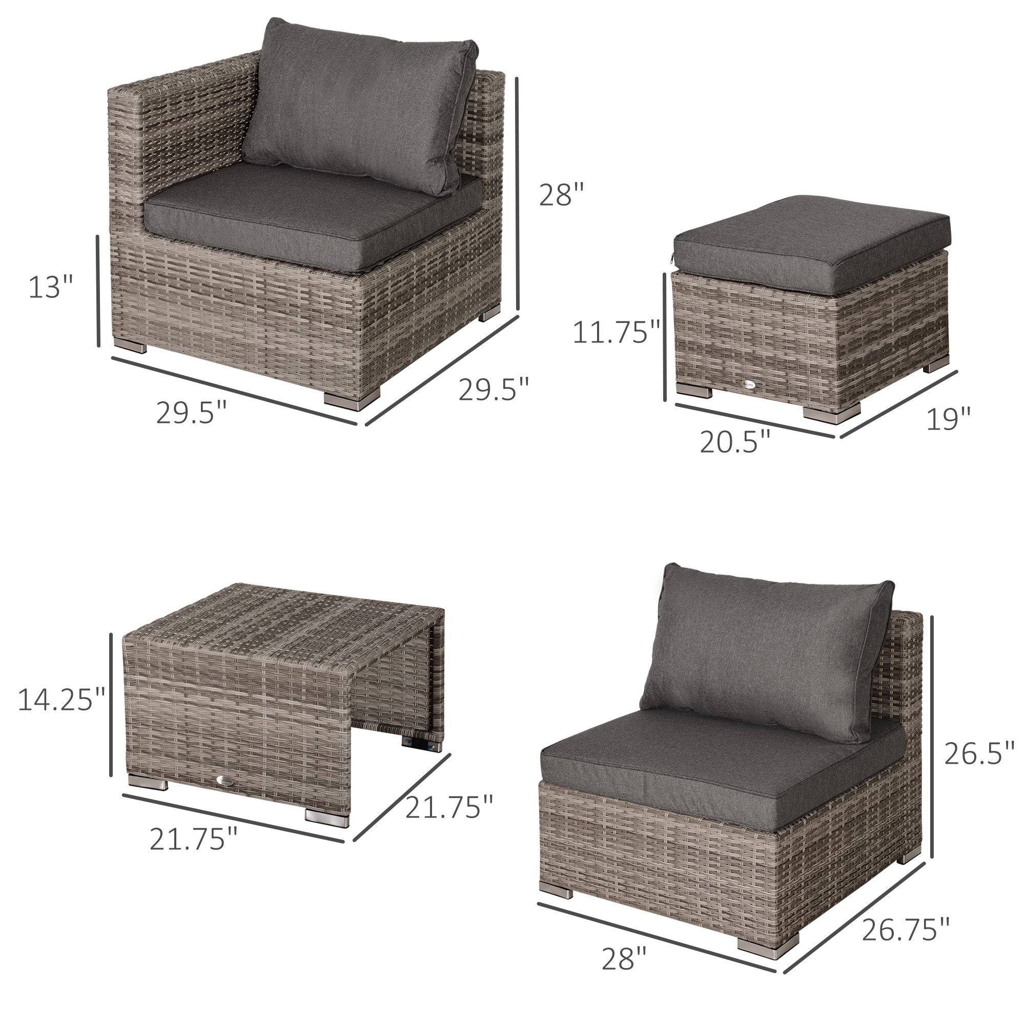 Outsunny 8 Pieces Patio Furniture Set, Outdoor Wicker Rattan Sofa Set Yard Conversation Seat Tea Table and Footstool Garden Patio Furniture w/ 2 Set Cushion Cover Grey & Orange