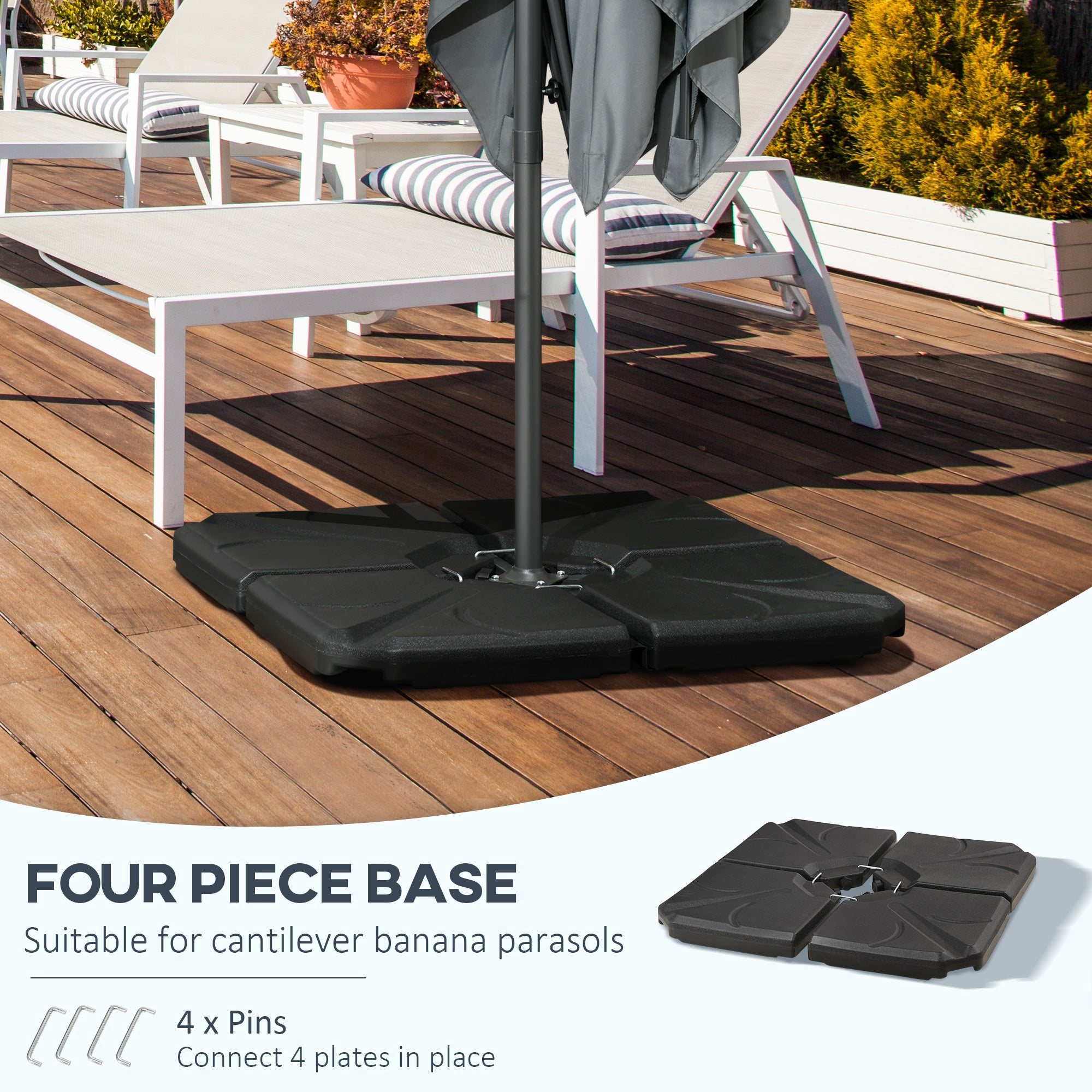 Outsunny 4 Piece Umbrella Base Stand Cantilever Offset Patio Umbrella Weight Plates w/ U Locking, 123 lb Capacity Water or 158 lb Capacity Sand, Black