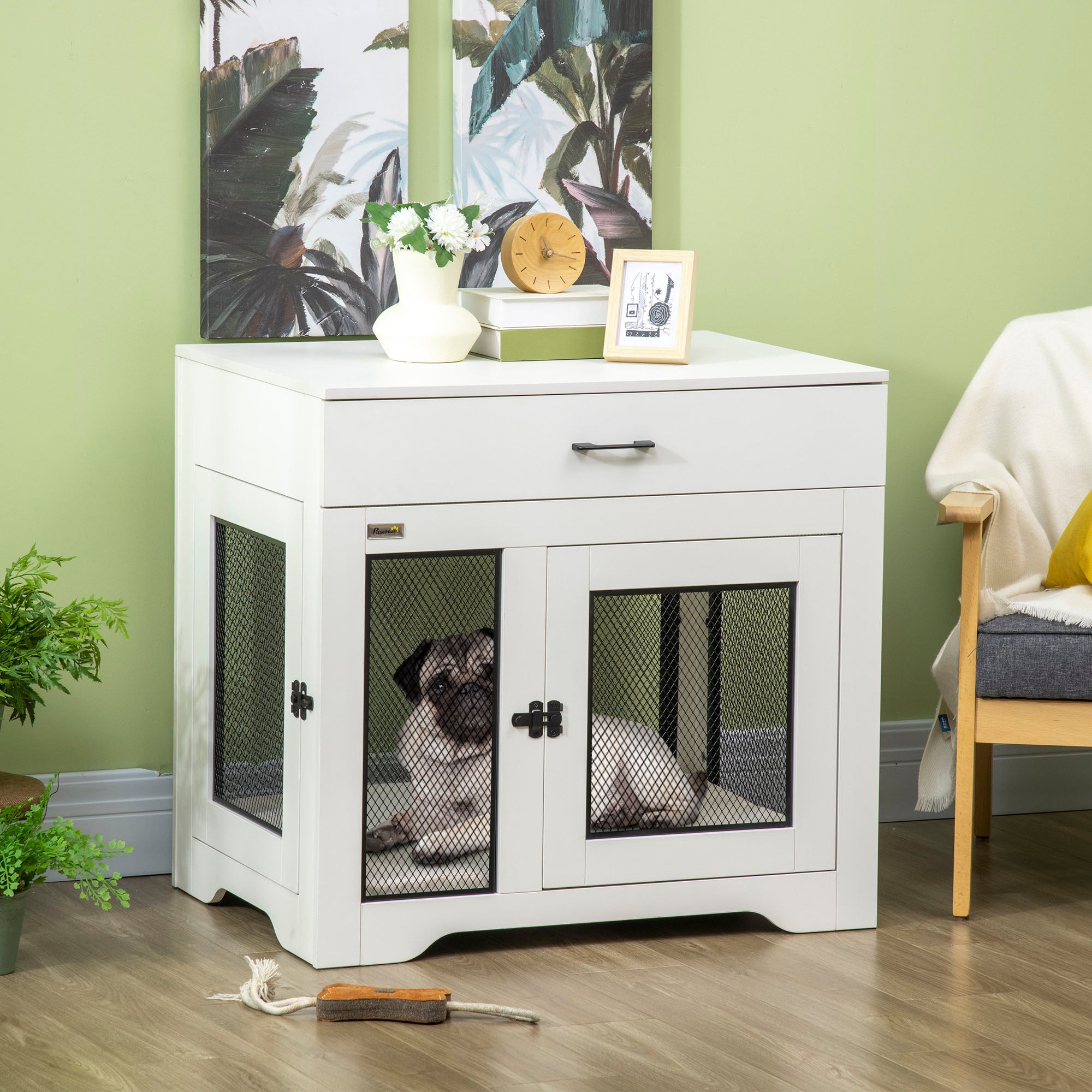 PawHut Dog Crate Furniture with Cushion, 2 Doors, Storage, Dog Kennel End Table for Small Medium Dogs, White