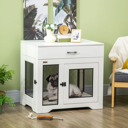 PawHut Dog Crate Furniture with Cushion, 2 Doors, Storage, Dog Kennel End Table for Small Medium Dogs, White