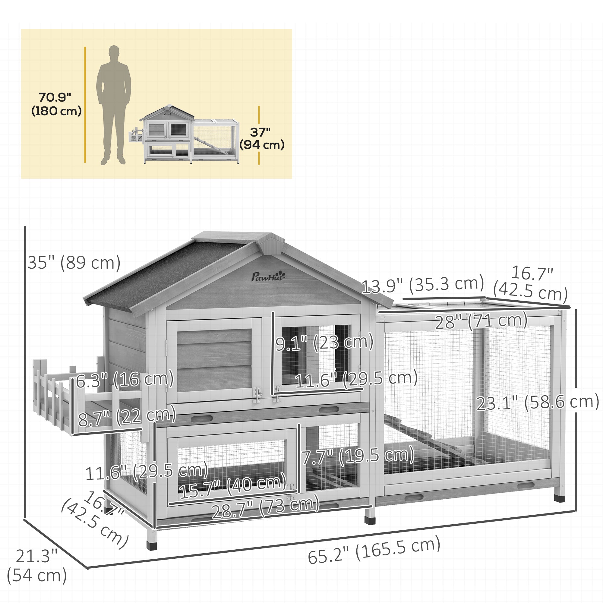 PawHut 65" Wooden Rabbit Hutch, Pet Playpen with Openable Roof, Storage Box, for Rabbits and Small Animals, Grey