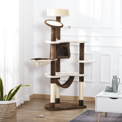 PawHut 60" Cat Scratching Tree, Cat Bed Condo Post House Pet Furniture Toys-Brown & Tan
