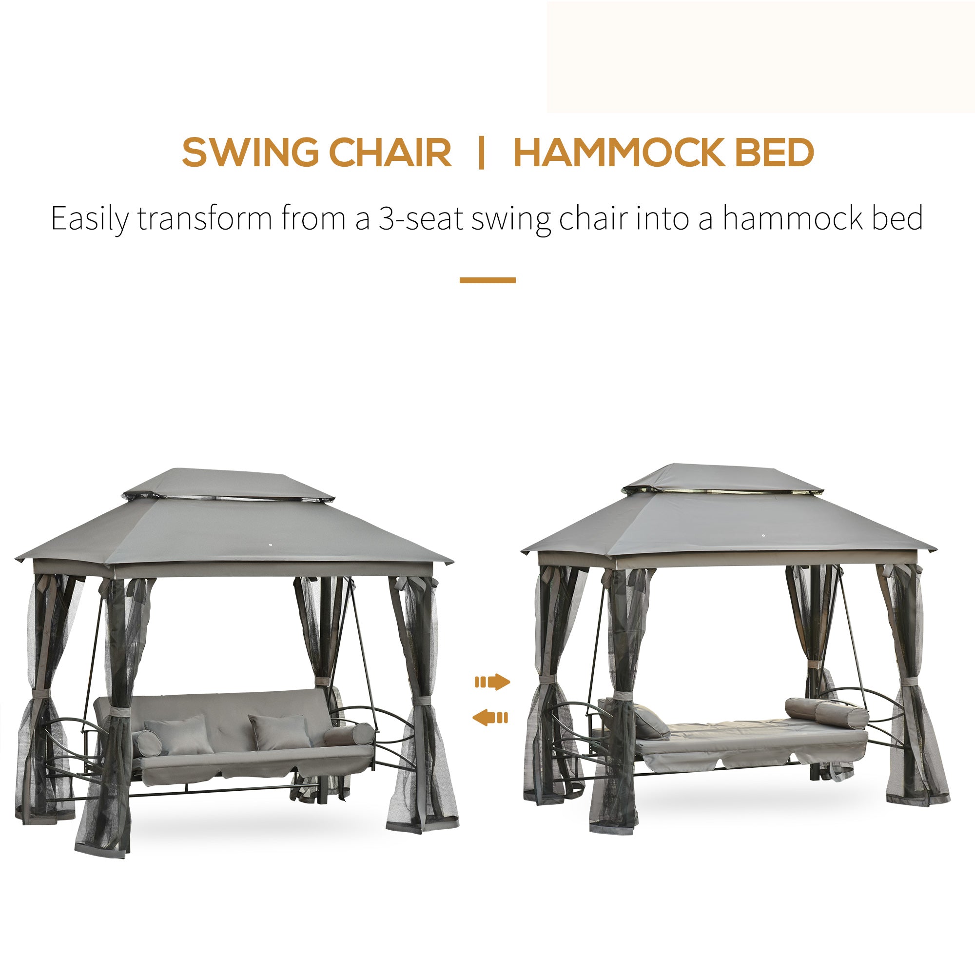 Outsunny 3 Person Outdoor Patio Daybed, 3 in 1 Canopy Gazebo Swing Chair Garden Hammock with Sun Shade, Mesh Mosquito and Net, Dark Grey