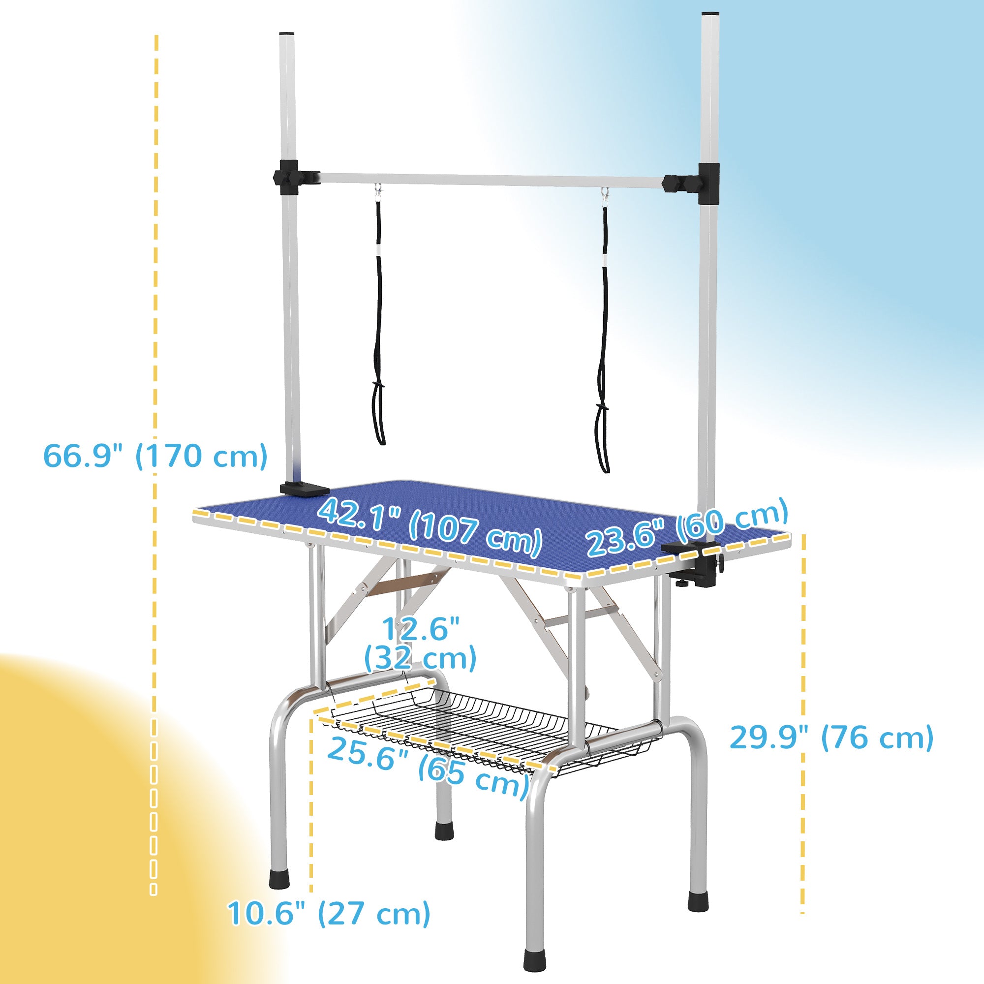 PawHut Adjustable Dog Grooming Table with 2 Safety Slings, Storage Basket, Blue