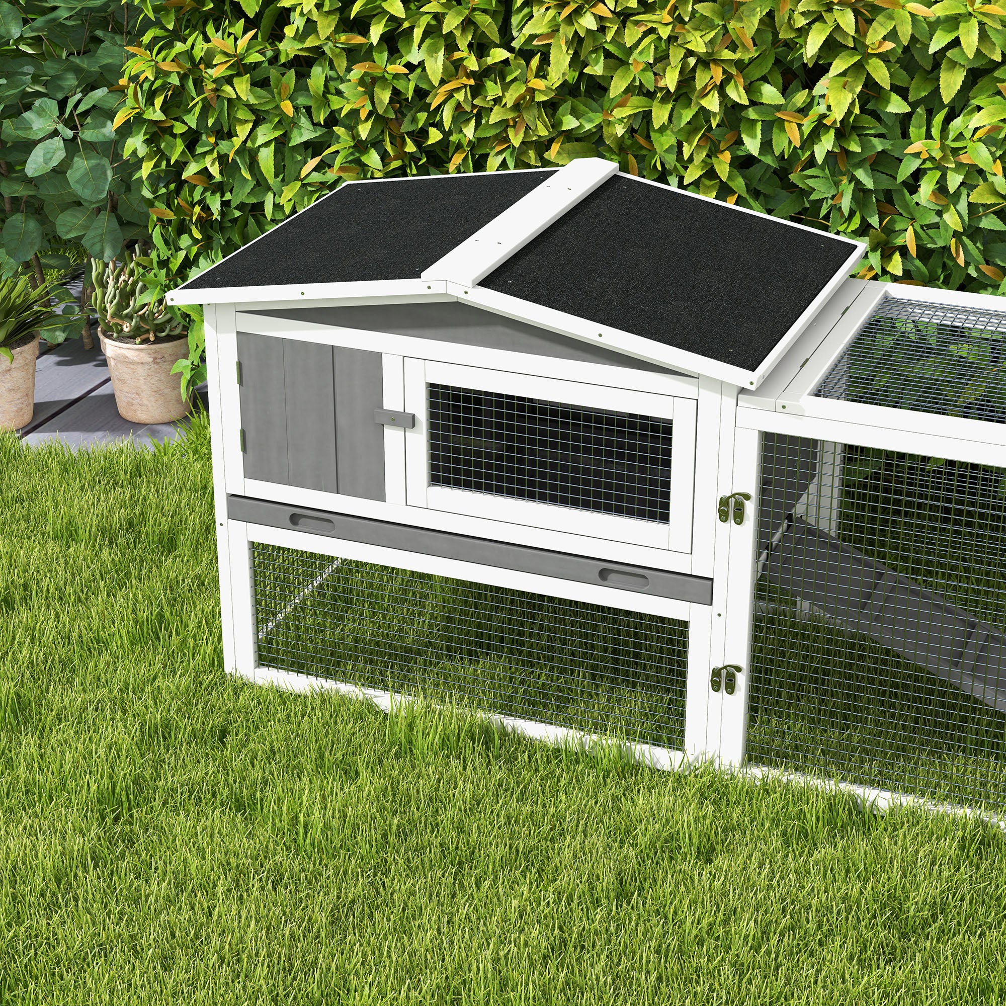 PawHut Wooden Rabbit Hutch Guinea Pig House with Removable Tray, Openable Roof, Trough, Run for Tortoises and Ferrets, Grey