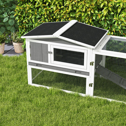 PawHut Wooden Rabbit Hutch Guinea Pig House with Removable Tray, Openable Roof, Trough, Run for Tortoises and Ferrets, Grey