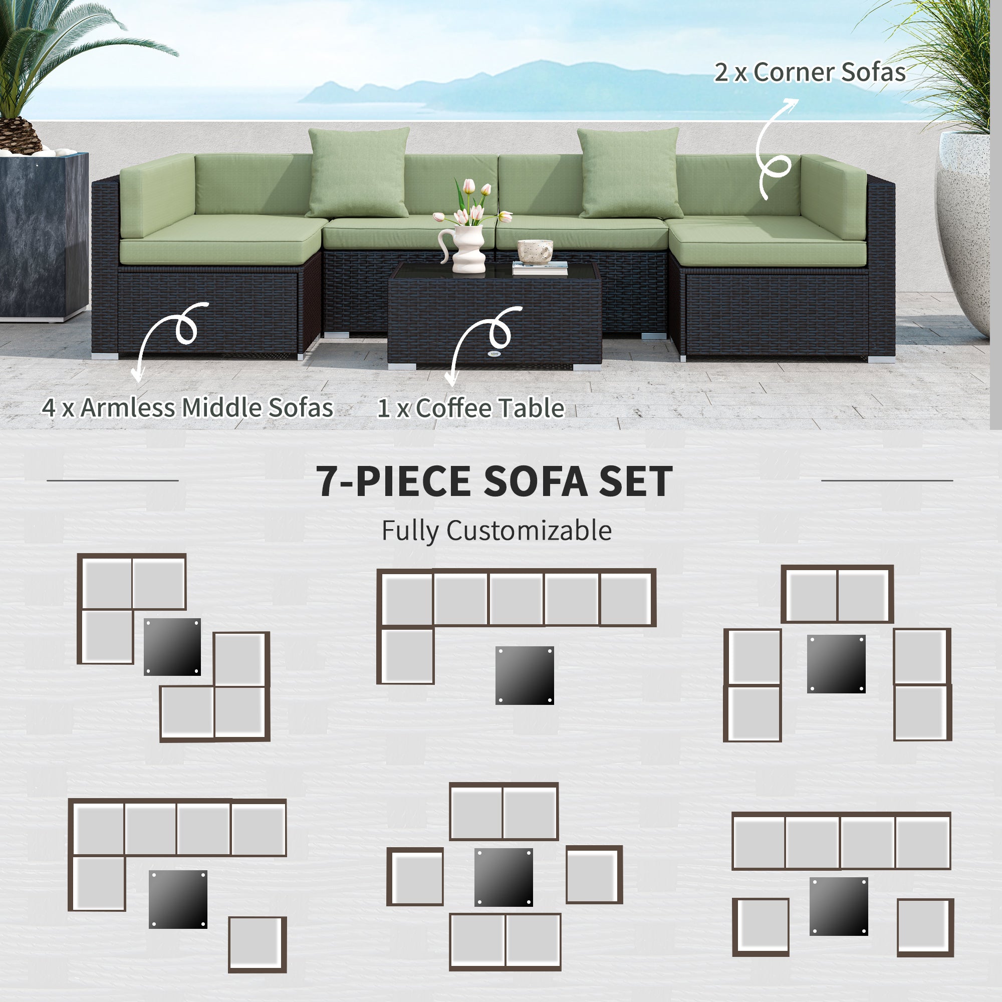 Outsunny 7 Pieces Outdoor Rattan Furniture Set, Patio Wicker Sectional Conversation Sofa Set, Light Green