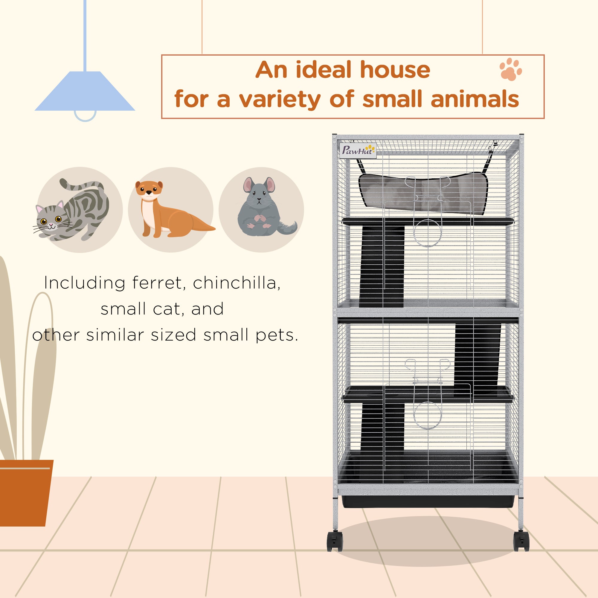 PawHut Steel Small Animal Cage for Guinea Pig, Ferret, Chinchilla, Kitten and Rabbit, Light Grey