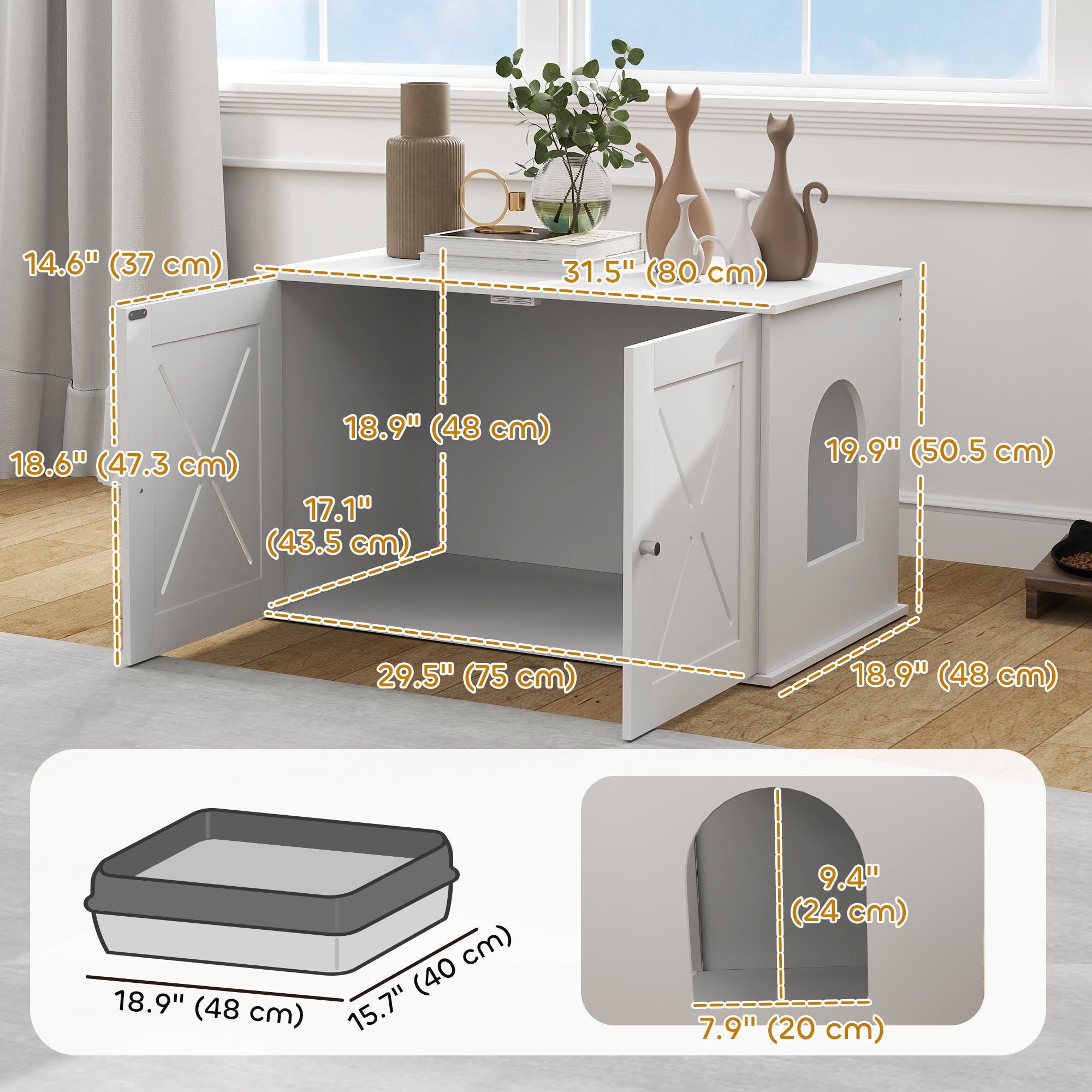 PawHut Hidden Cat Litter Box Enclosure with Double Doors, Hole, Pet House Side End Table, 31.5" x 19" x 20", White