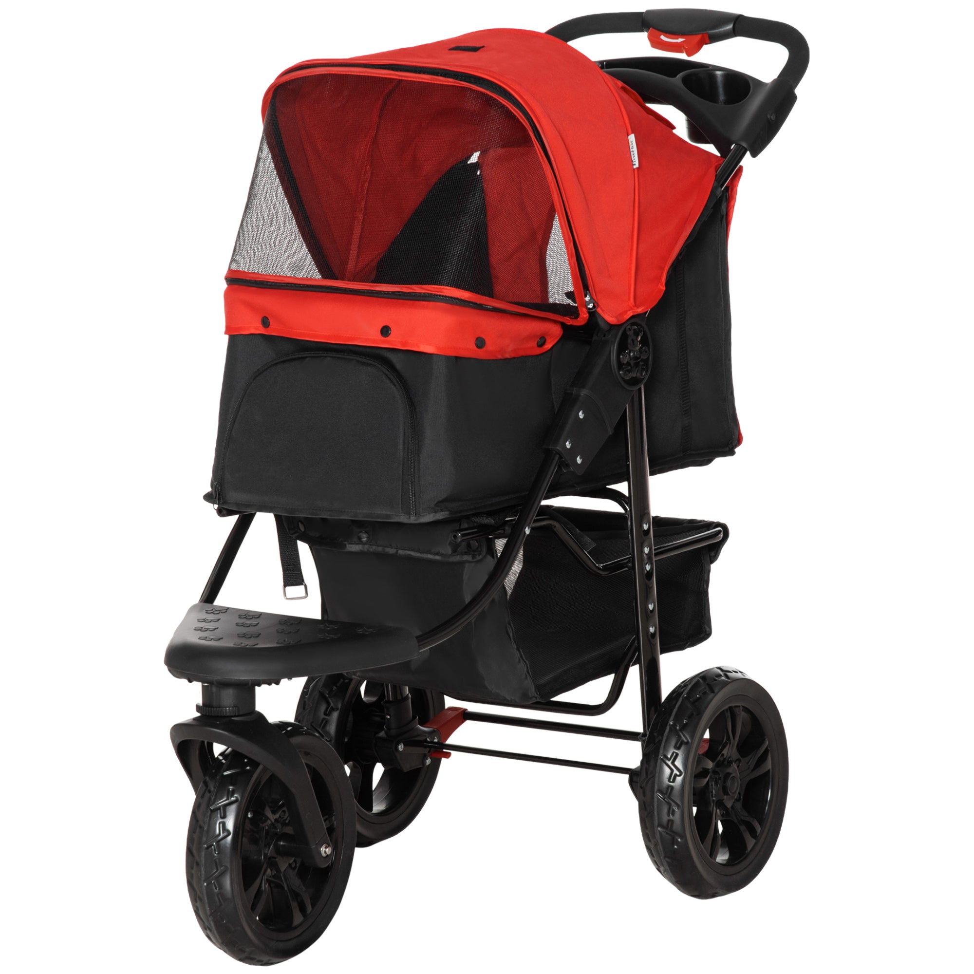 PawHut 3 Wheel Folding Dog Stroller, Jogger Travel Carrier with Adjustable Canopy, Storage Brake, Mesh Window for S&M Dogs, Red
