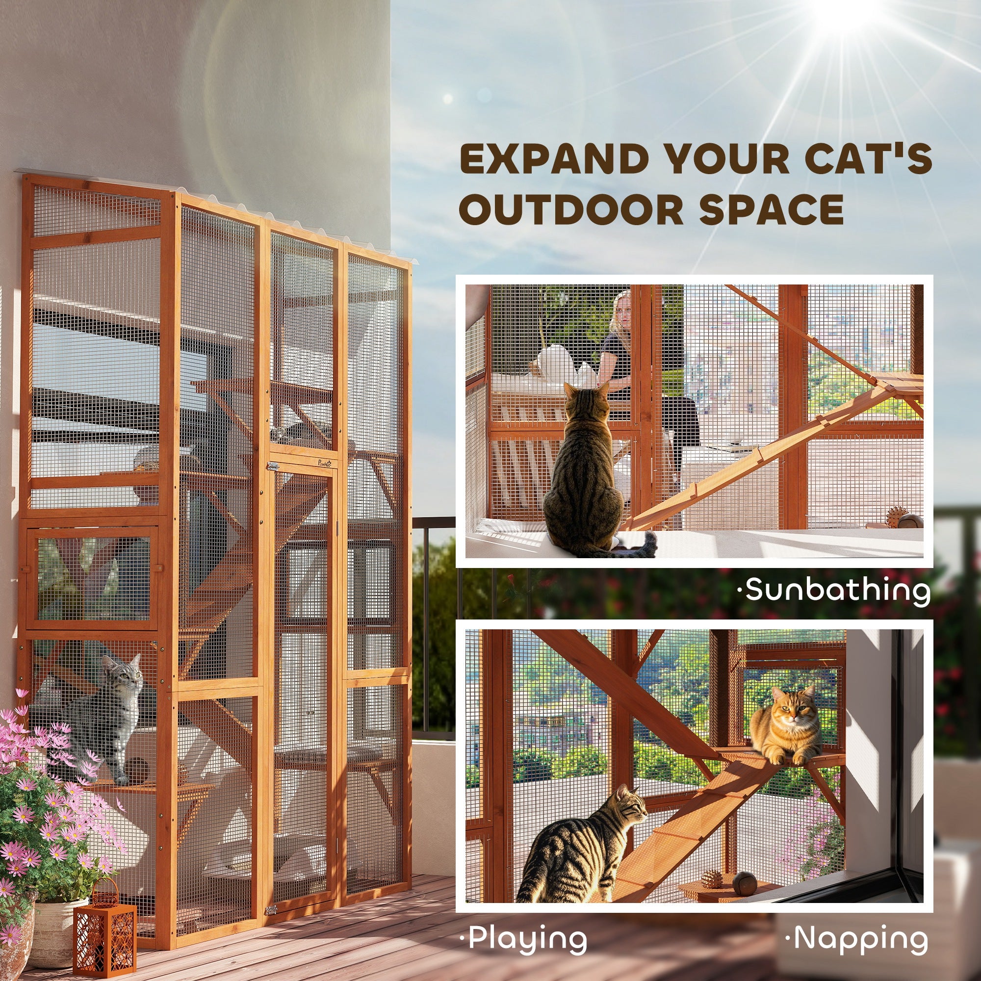 PawHut Wooden Catio Outdoor Cat Enclosure with 6 Jumping Platforms, Scratching Post, 2 Ramps, Waterproof Roof, for 2-3 Kittens