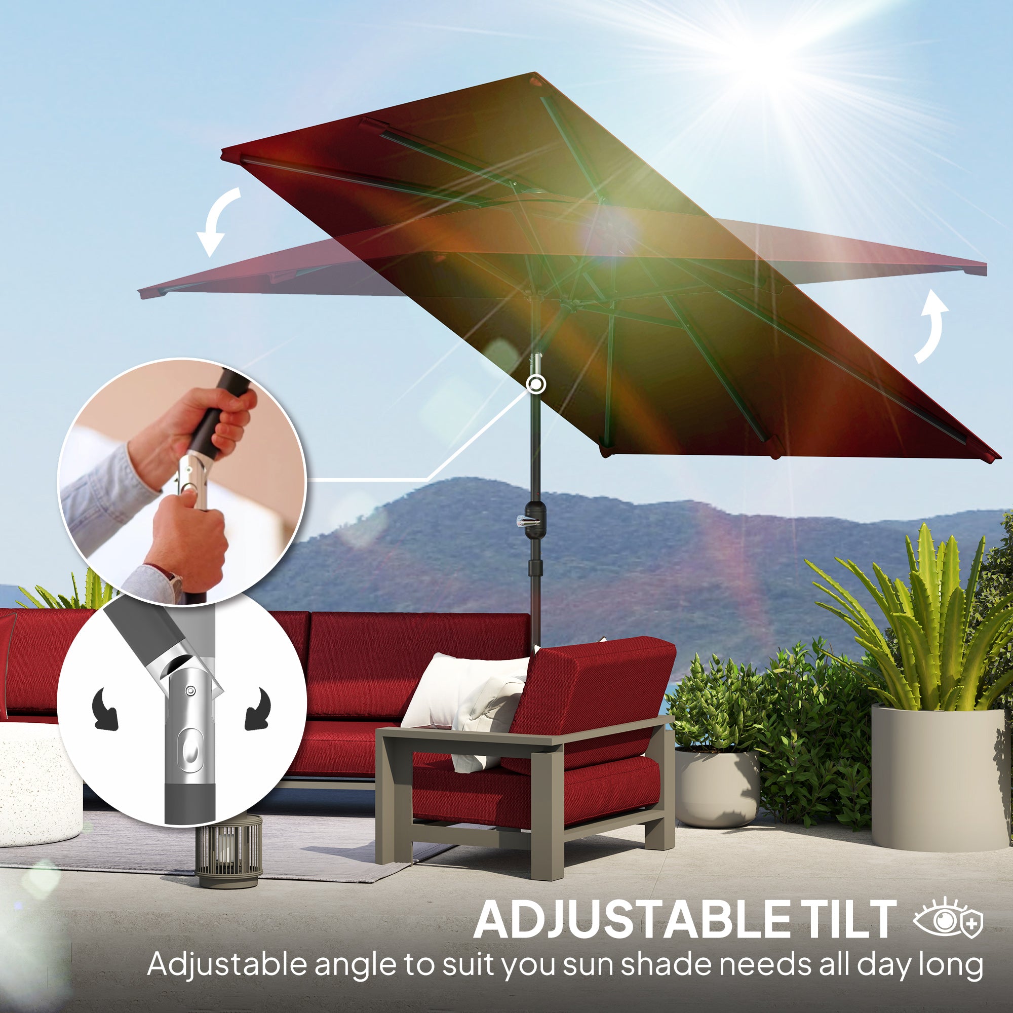 Outsunny 6.6x9.6ft Rectangle Aluminum Tilt Patio Umbrella, Garden Market Parasol, Outdoor Sunshade Canopy with Crank, Wine Red