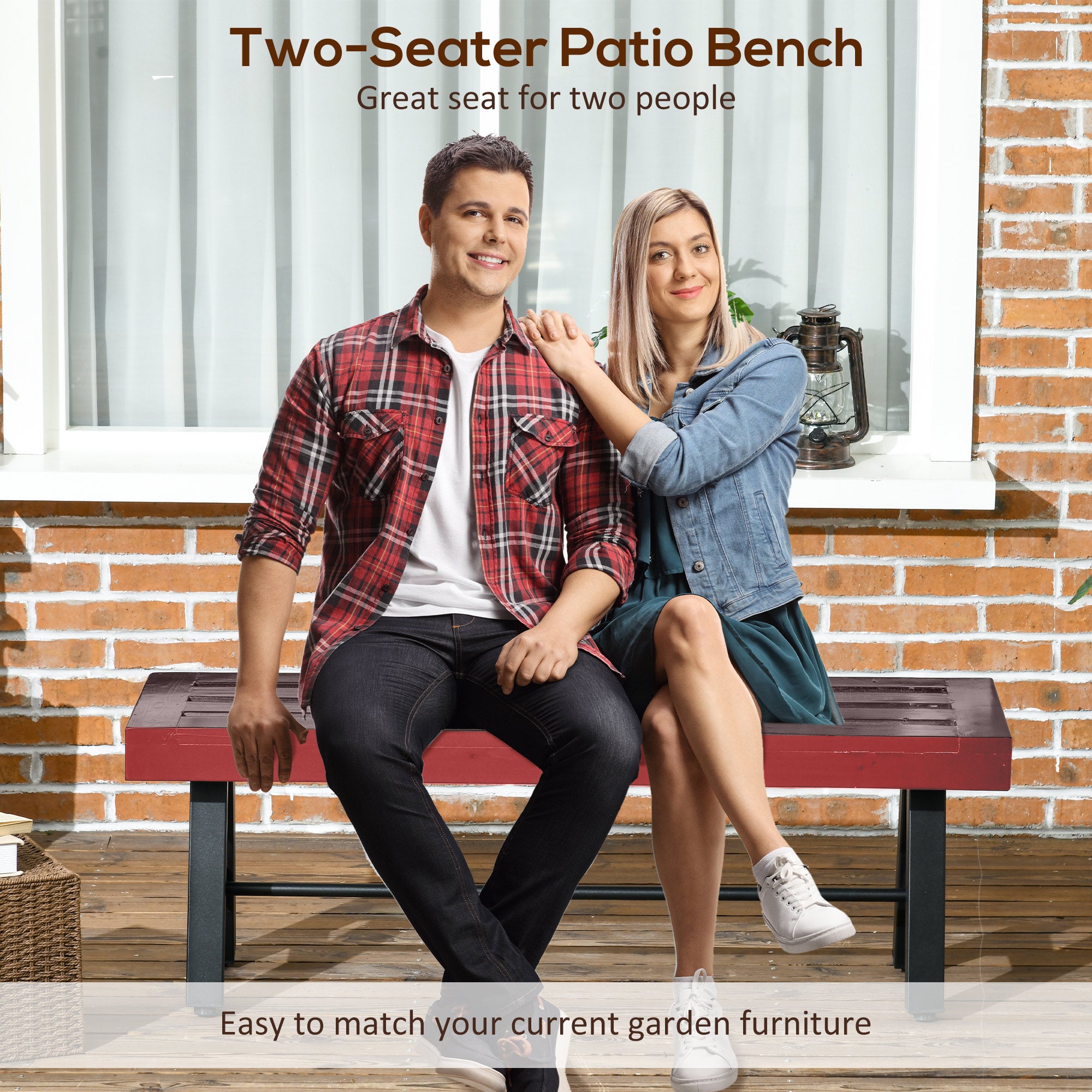 Outsunny Patio Wooden Bench, Outdoor Garden Bench with Slatted Seat, Front Porch Loveseat for Conservatory, Garden, Poolside, Deck, Brown