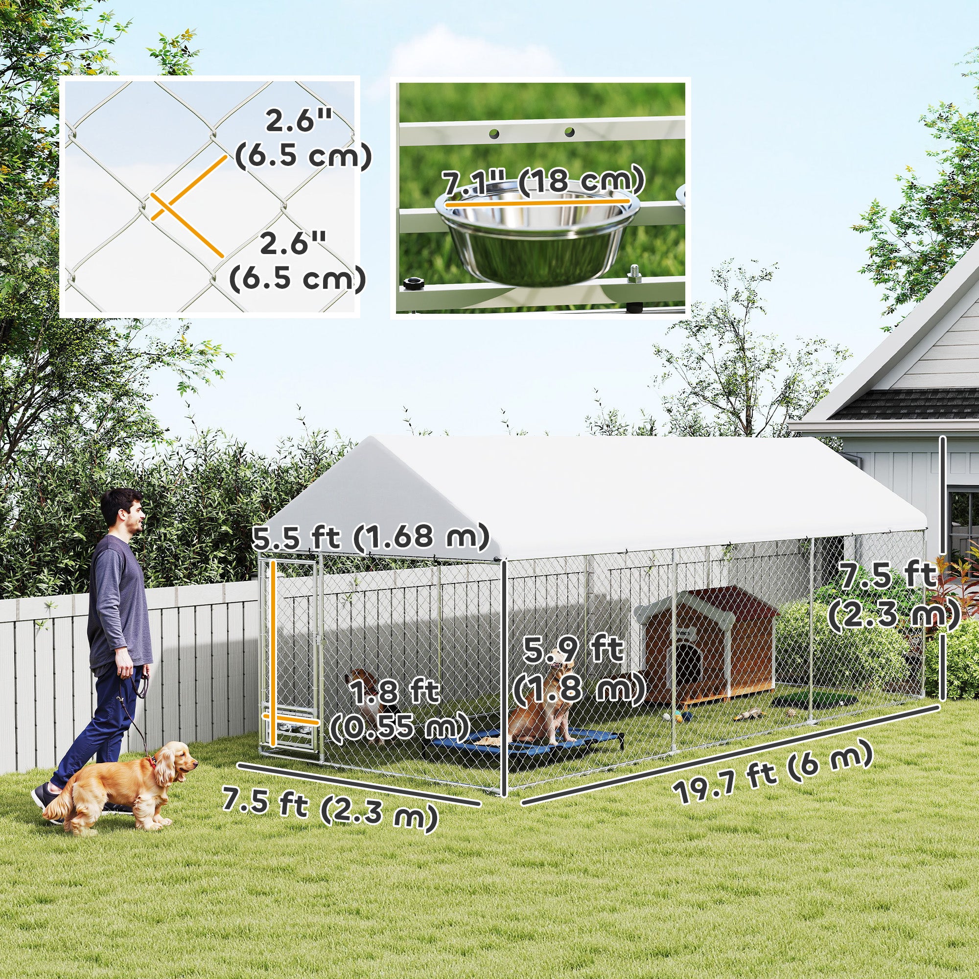 PawHut Outdoor Dog Run with Adjustable & Rotatable Bowls, Waterproof UV-Resistant Cover, Escape-Proof Lock, 19.7' x 7.5' x 7.5'