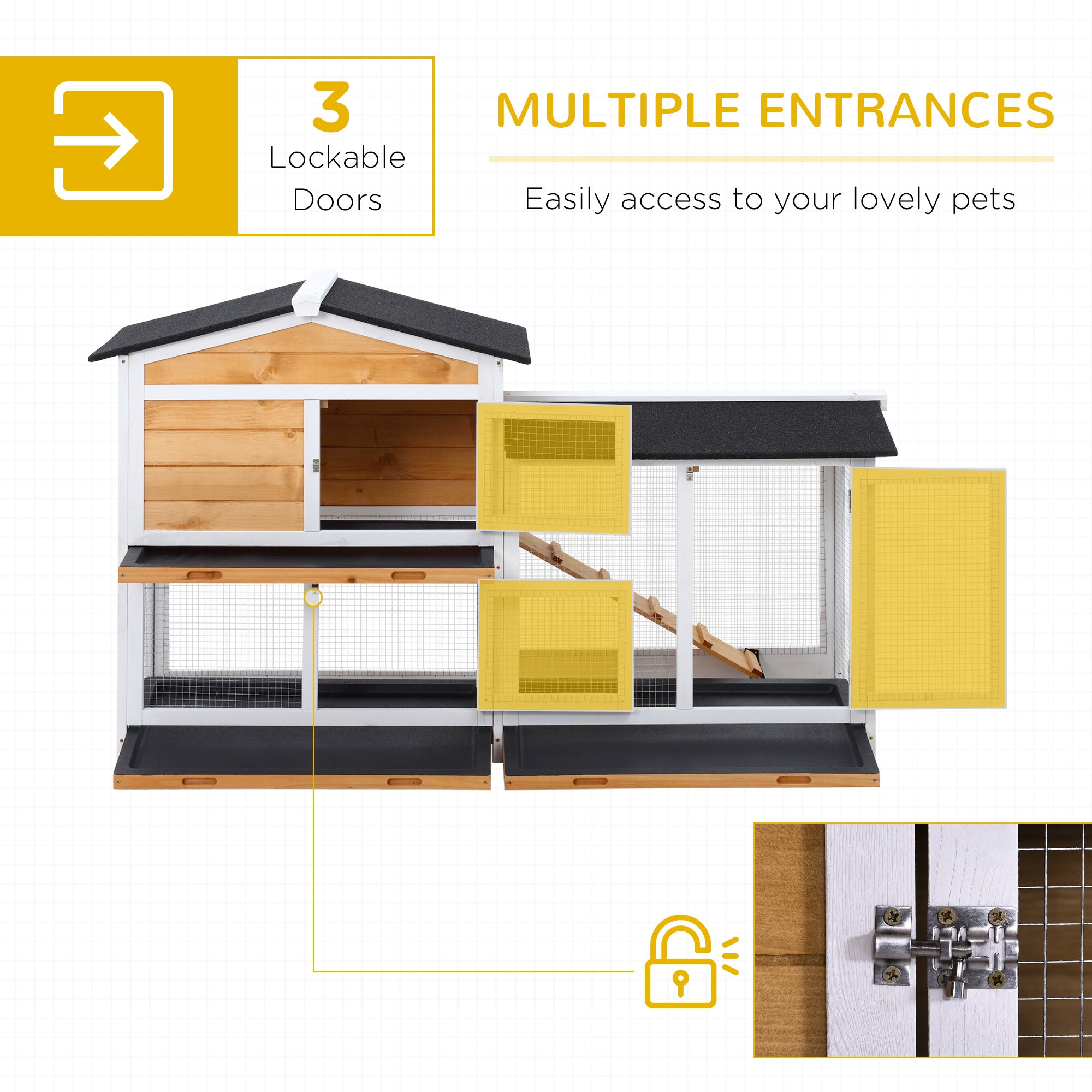 PawHut 2-tier Wood Rabbit Hutch Backyard Bunny Cage Small Animal House w/ Ramp and Outdoor Run, Yellow