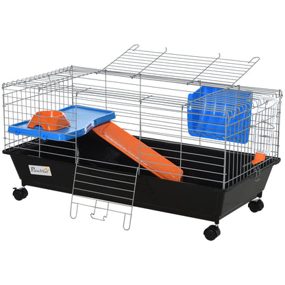 PawHut Small Animal Cage, Rolling Bunny Cage, Guinea Pig Cage with Food Dish, Water Bottle, Hay Feeder, Platform, Ramp, Black