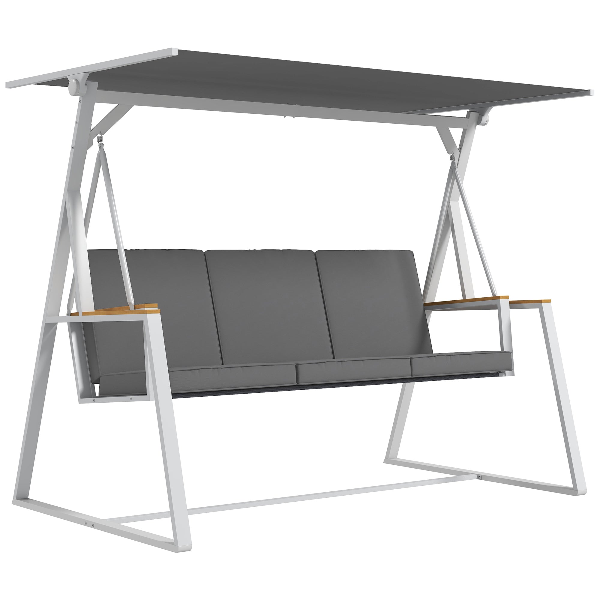 Outsunny 3-Seat Outdoor Porch Swing Outdoor Patio Swing with Adjustable Canopy, Removable Cushion for Garden, Poolside, Grey