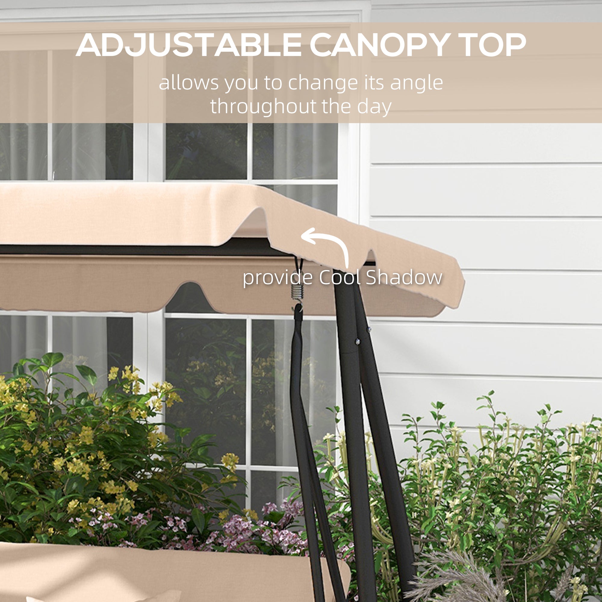 Outsunny 3-Seat Outdoor Patio Swing Chair, Converting Flat Bed, Canopy Swing with Adjustable Shade, Removable Cushions, Cup Holder, Light Brown