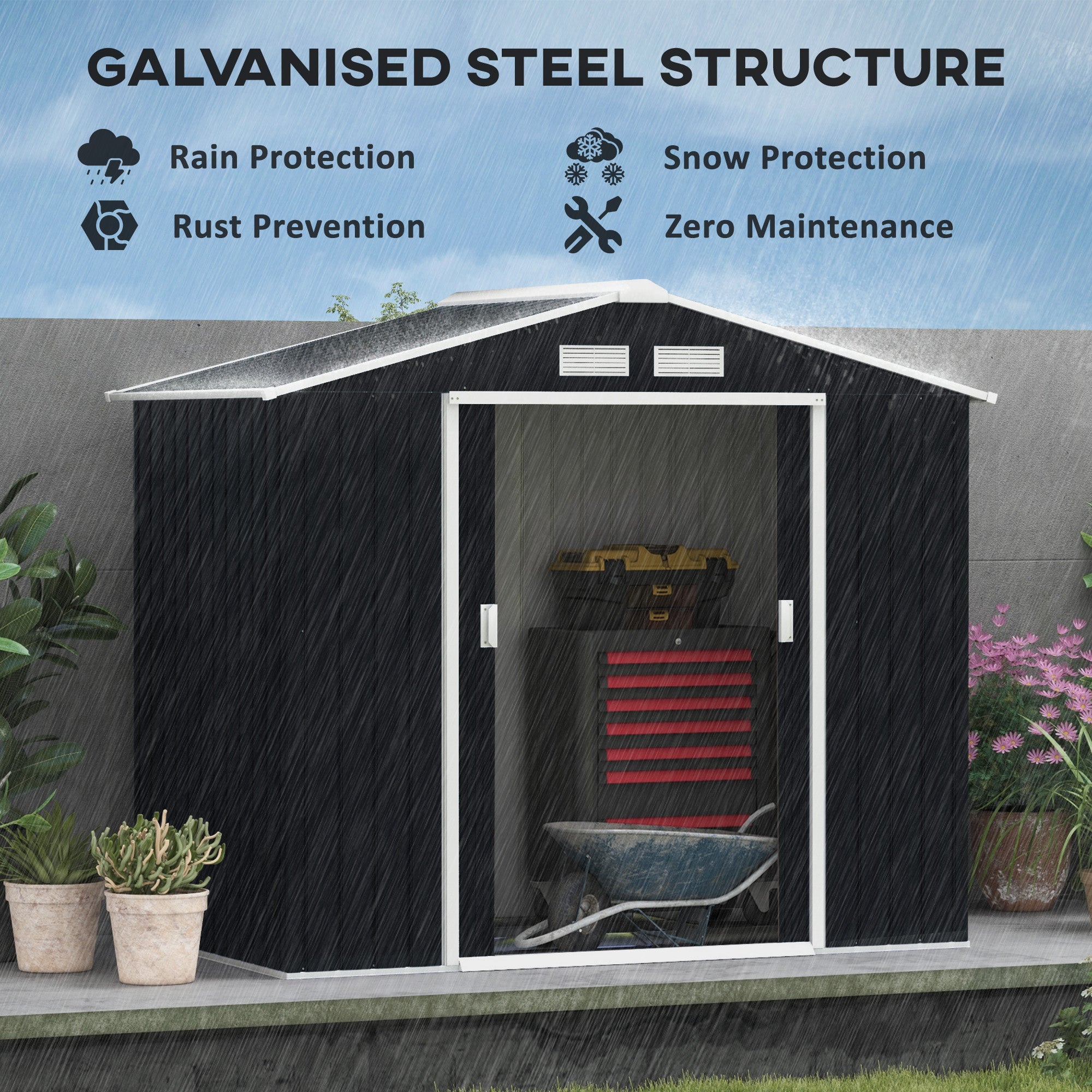 Outsunny 7' x 4' x 6' Garden Storage Shed Outdoor Patio Metal Tool Storage House w/ Foundation Kit and Double Doors Dark Grey