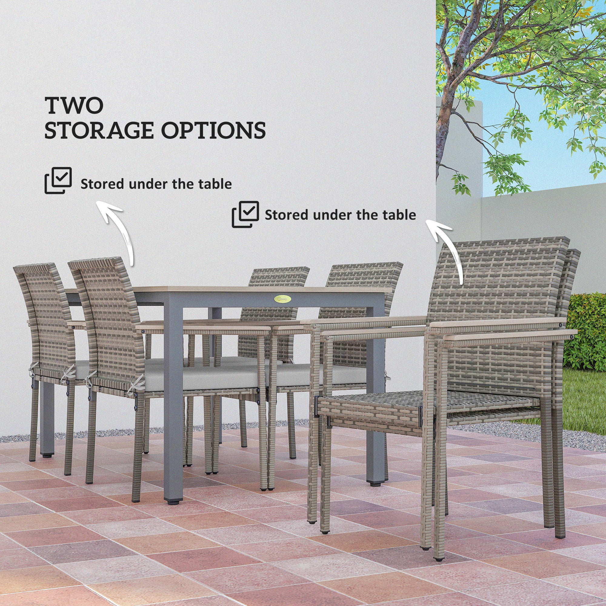 Outsunny 7 Pieces Wicker Outdoor Furniture Set, Rattan Patio Dining Set with Cushions, Umbrella Hole for Garden Backyard, Grey