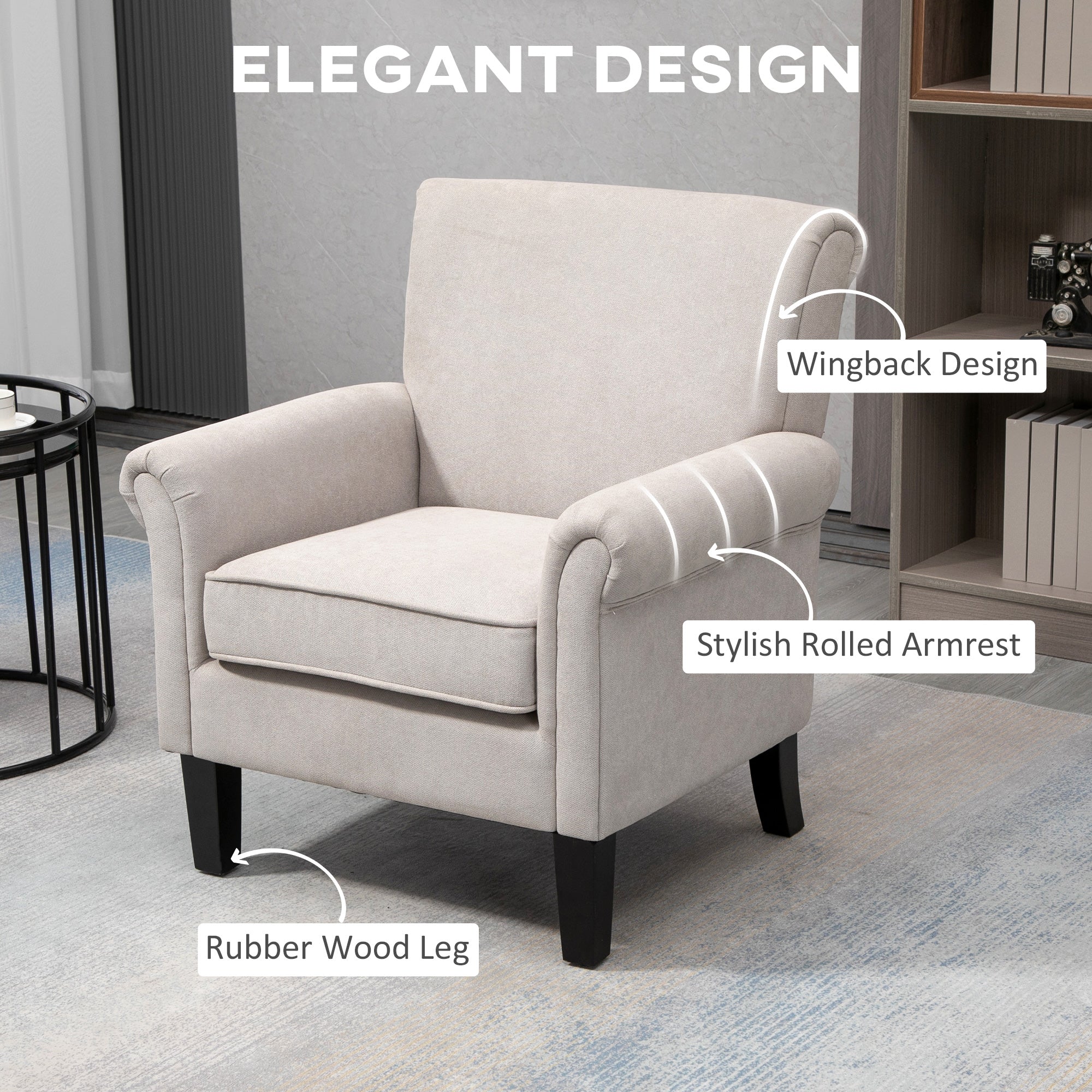 HOMCOM Upholstered Accent Chair, Single Armchair with Soft Velvet Touch Fabric, Rolled Armrest, Grey