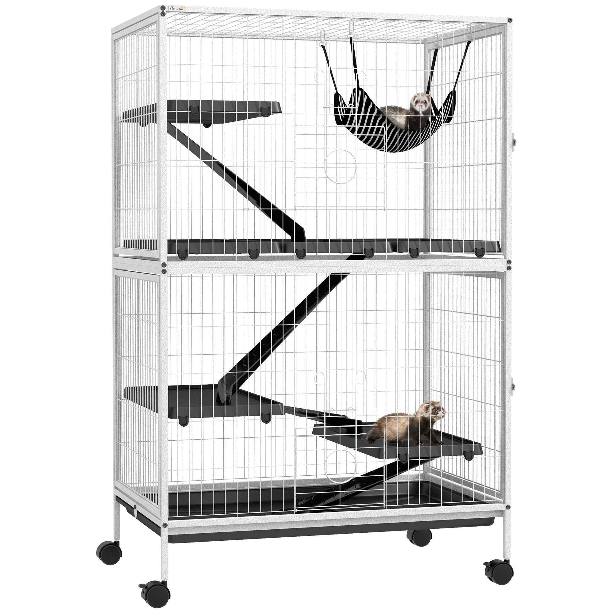 PawHut 5-Tier Rolling Small Animal Cage, Deluxe Guinea Pig Cage, Ferret Cage for Mink Chinchilla Kitten Rabbit, Light Grey