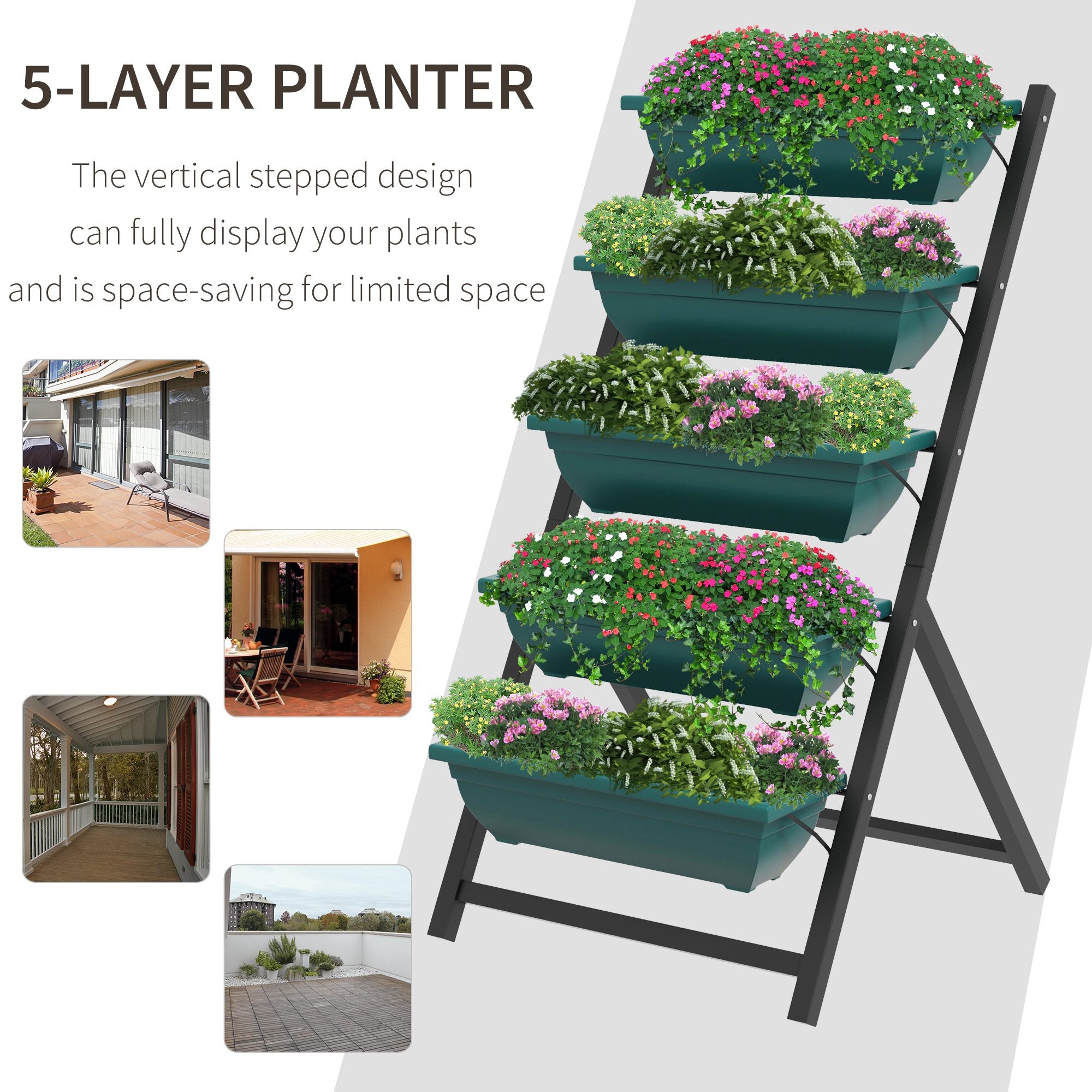 Outsunny 5-Tier Raised Garden Bed with 5 Planter Box, Outdoor Plant Stand Grow Containers with Leaking Holes for Balcony Patio Outdoor, Green