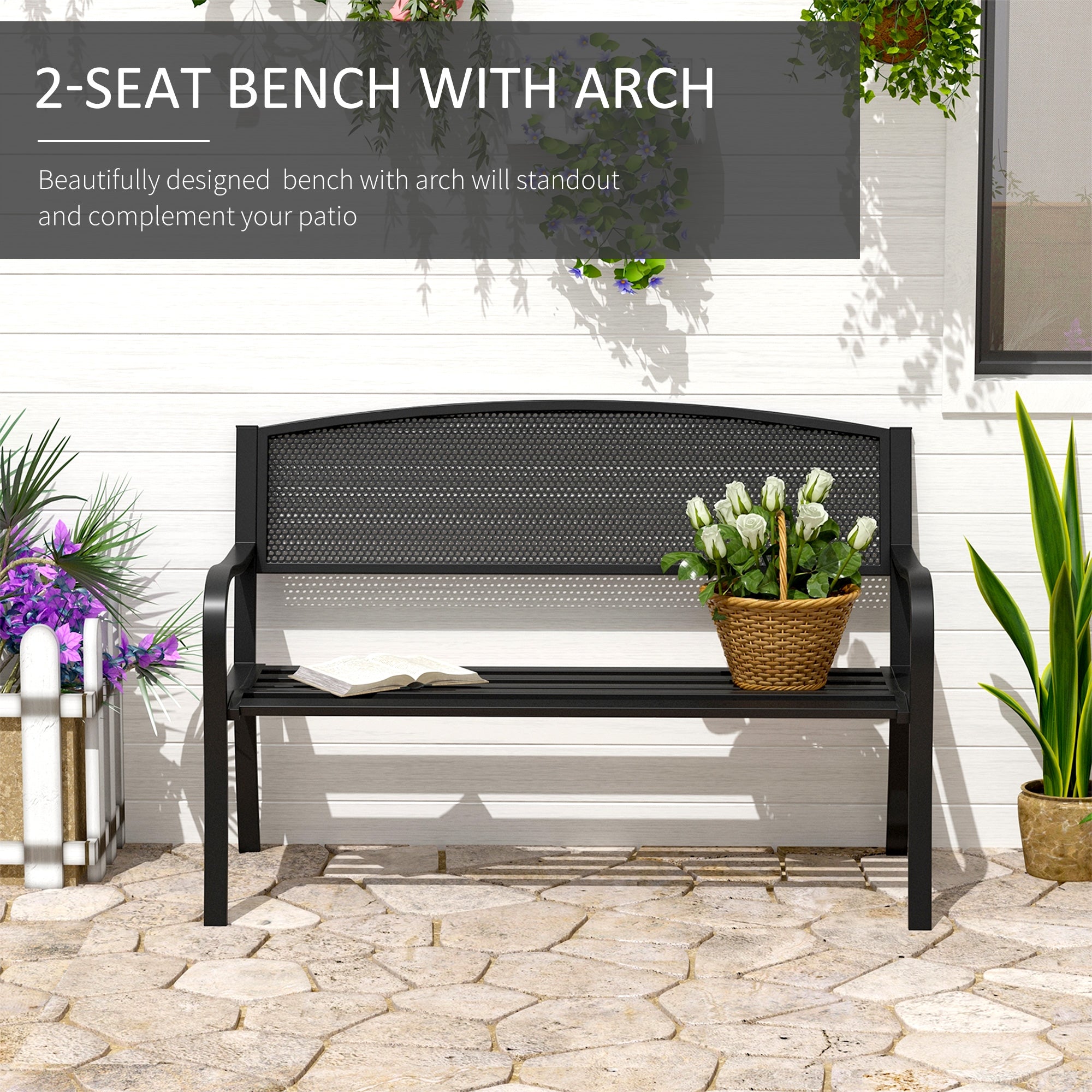 Outsunny 50" Steel Garden Bench Outdoor Patio 2-Person Park Seat Yard Furniture Loveseat Black