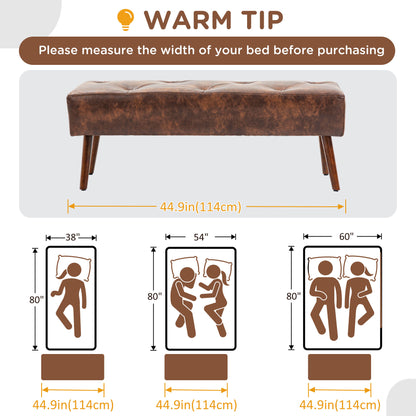 HOMCOM Bedroom Bench, End of Bed Bench with Button Tufted, PU Leather Upholstered Entryway Bench with Wood Legs, Brown